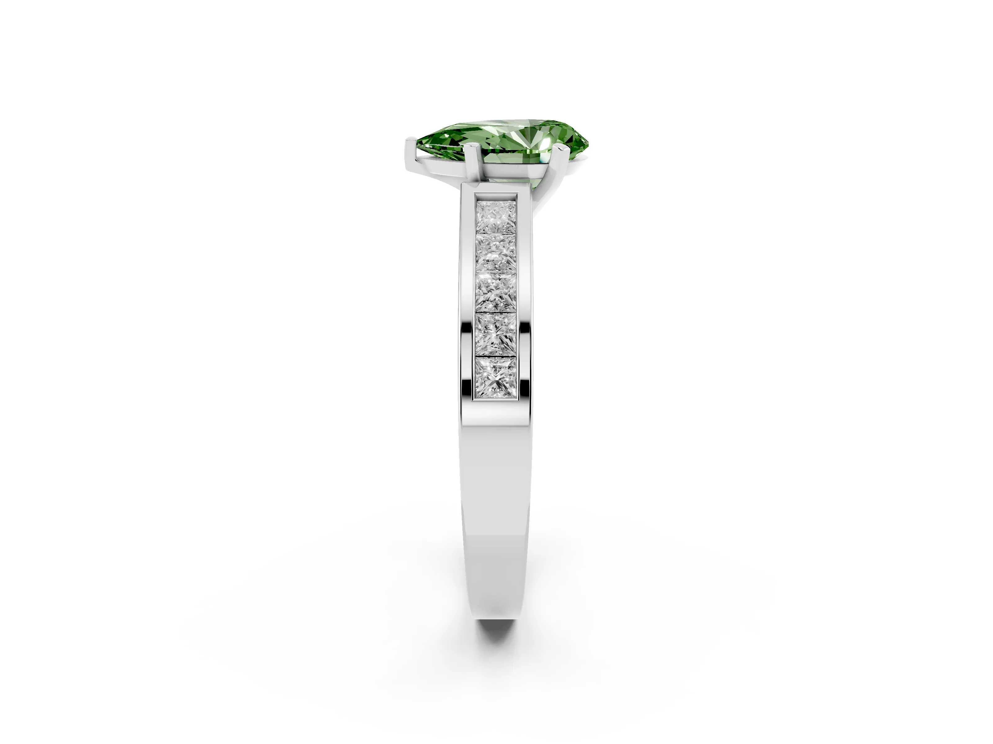 Fancy Green Pear Cut Diamond Solitaire Ring Set in Silver with Channel-Set Band and Prong Setting