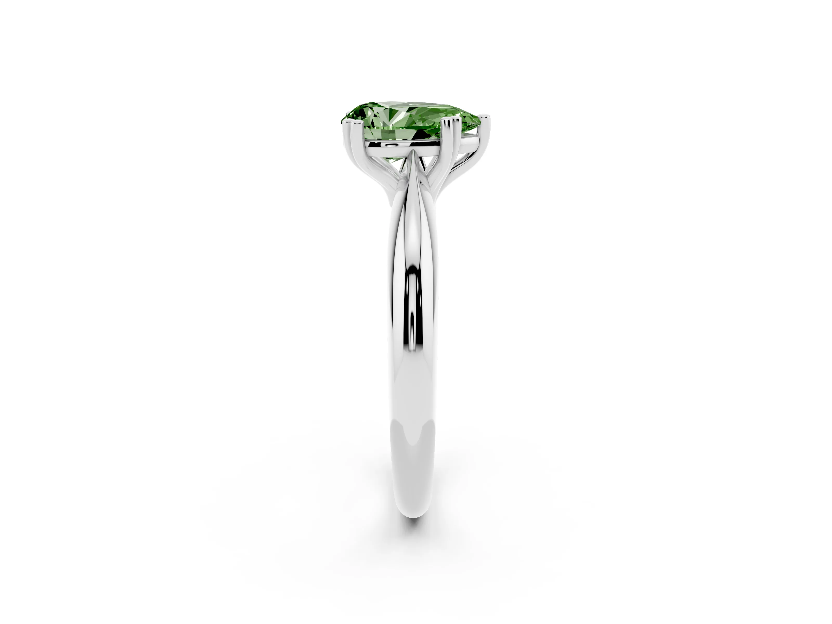 Fancy Green Pear Cut Diamond Solitaire Engagement Ring Set in White gold with Tapered Band and Prong Setting