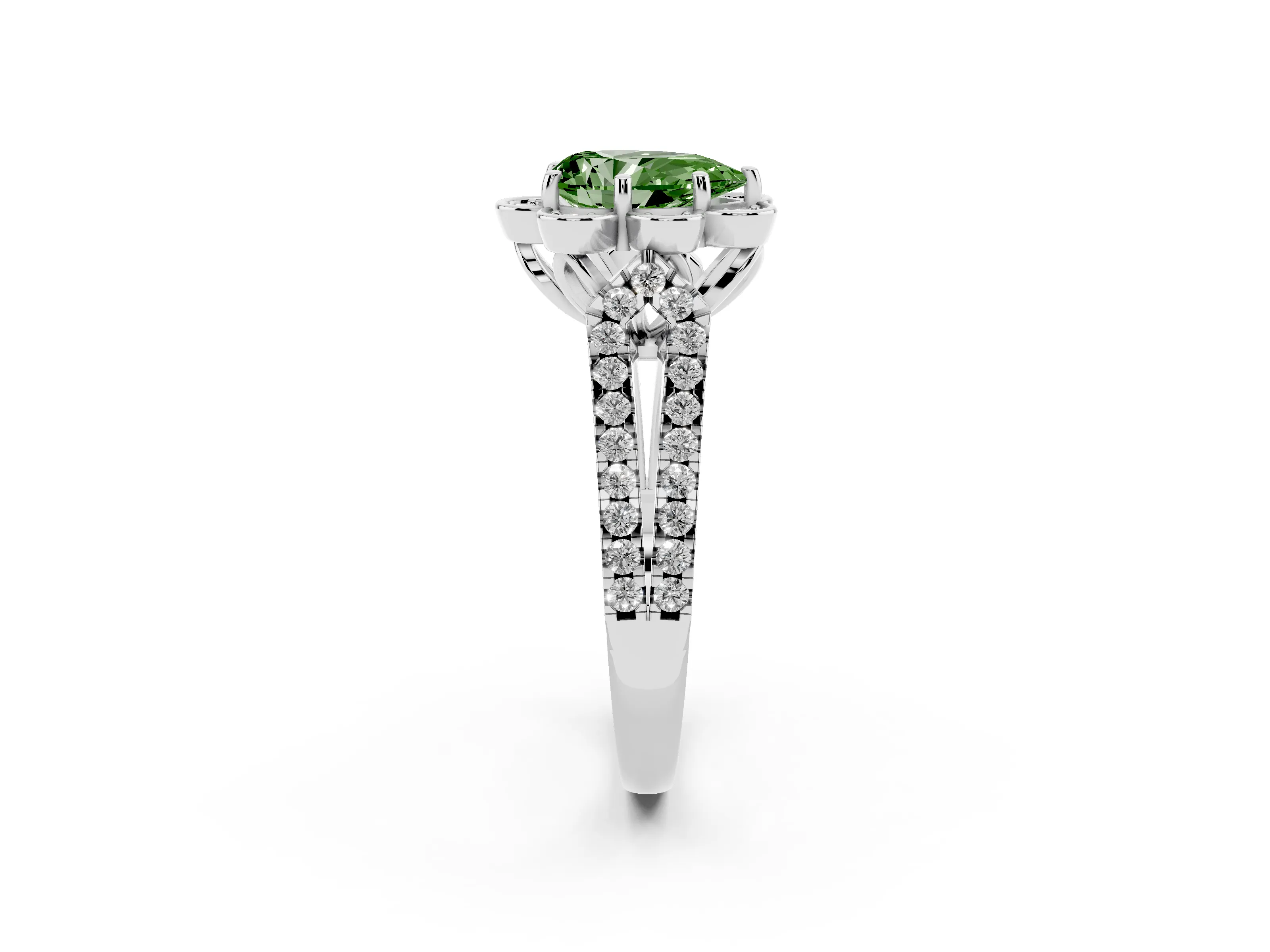 Fancy Green Pear Cut Diamond Floral Halo Split Shank Engagement Ring Set in Platinum with Pavé Shank