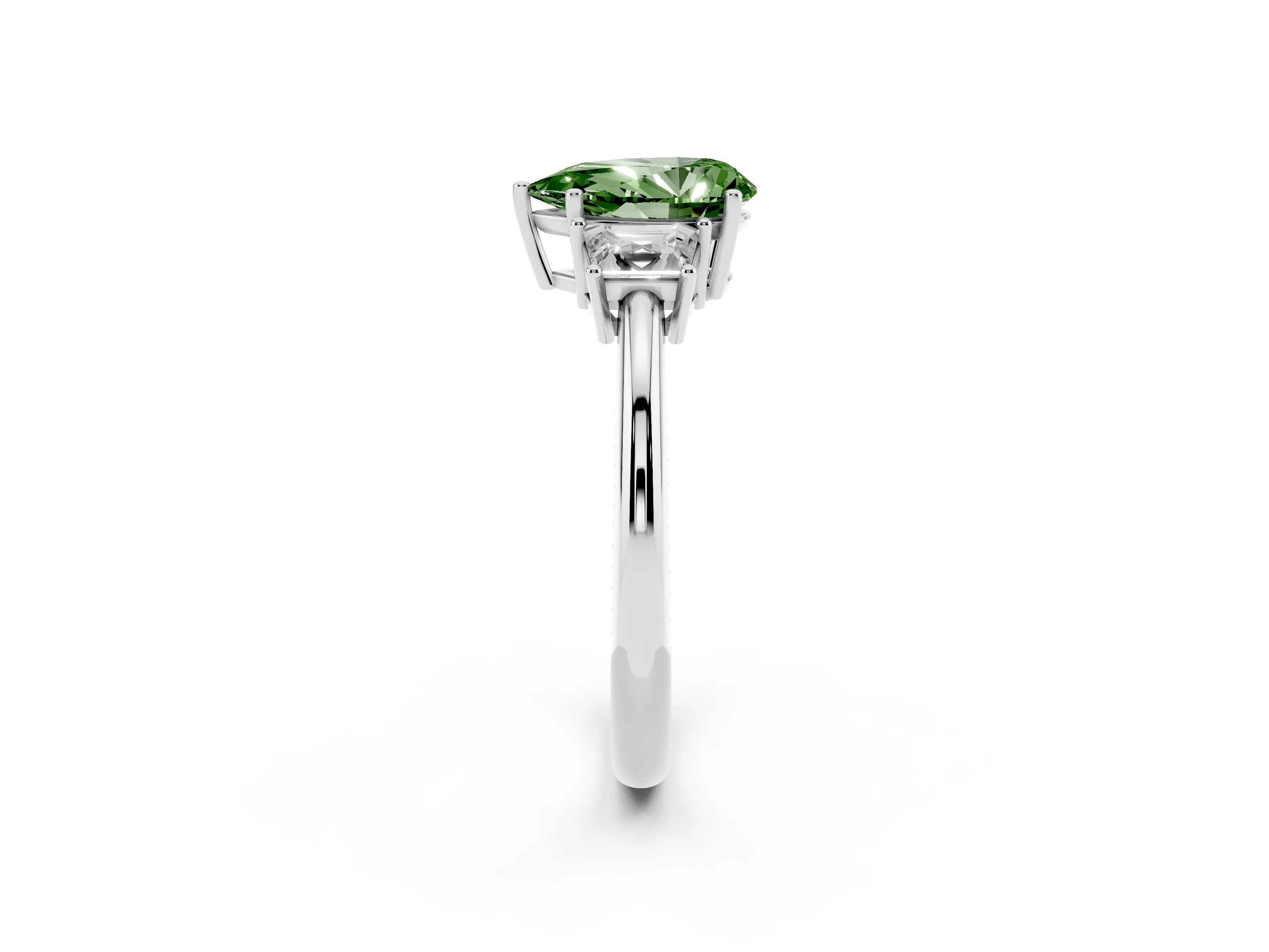 Fancy Green Pear Cut Diamond Three-Stone Ring Set in White gold with Trapezoid Side Stones and Prong Setting