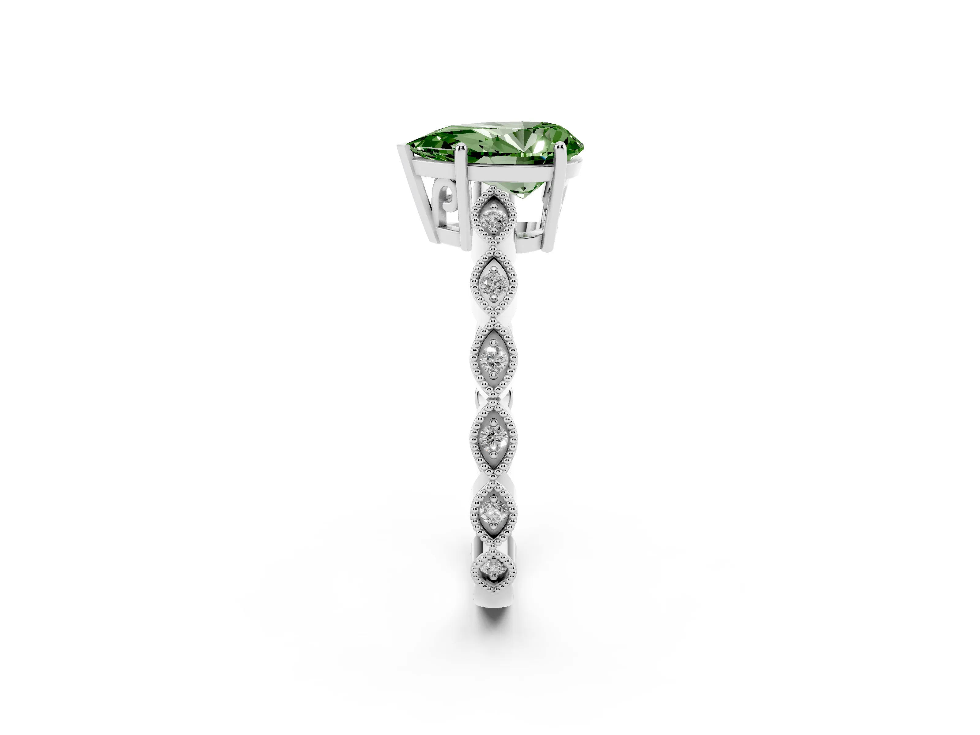 Fancy Green Pear Cut Diamond Solitaire Ring Set in Platinum with Infinity Twist Pavé Band