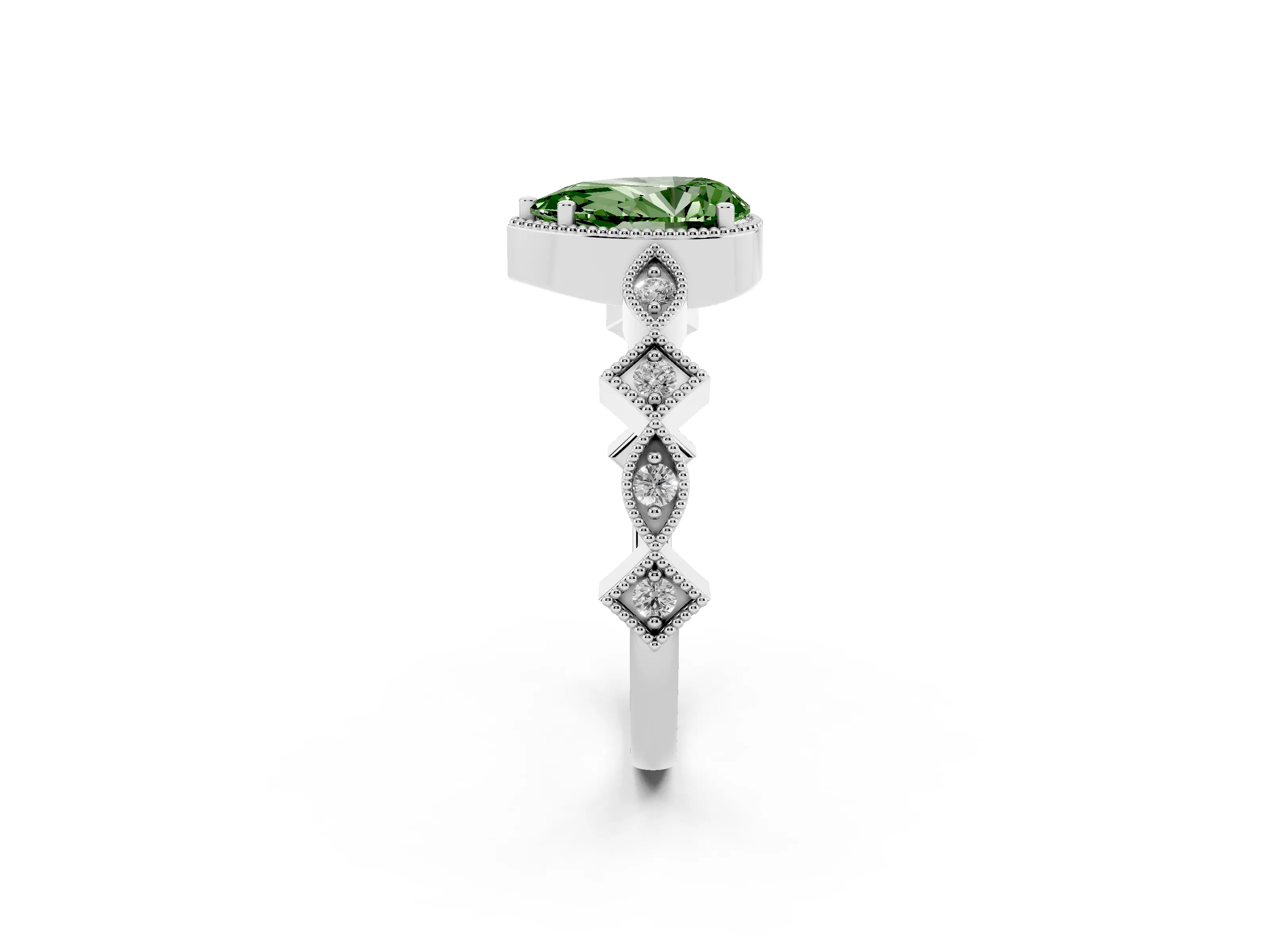 Fancy Green Pear Cut Diamond Milgrain Marquise Twist Band Ring Set in White gold with Prong Setting