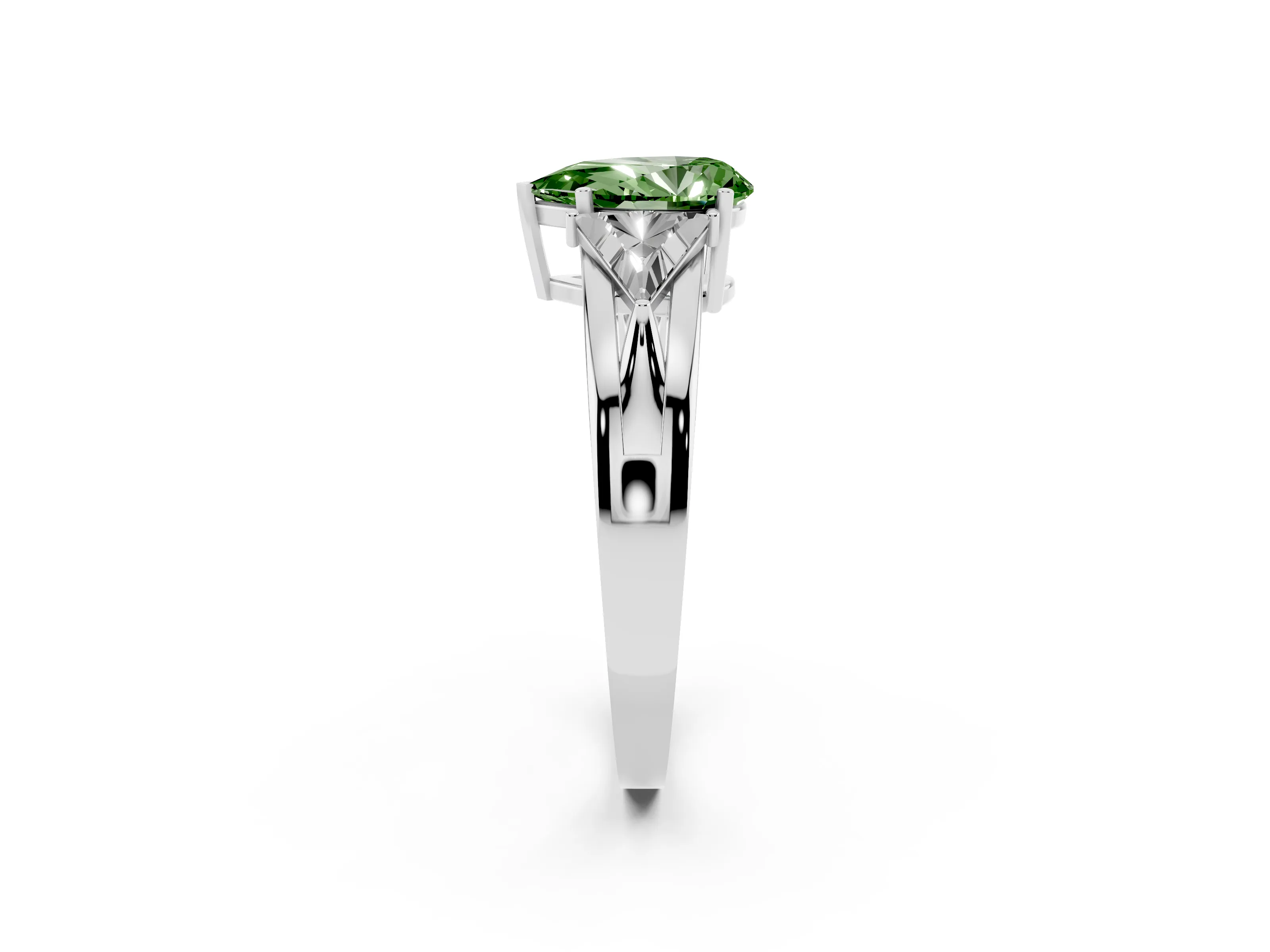 Fancy Green Pear Cut Diamond Three-Stone Ring Set in Silver with Trillion Side Stones and Split Shank