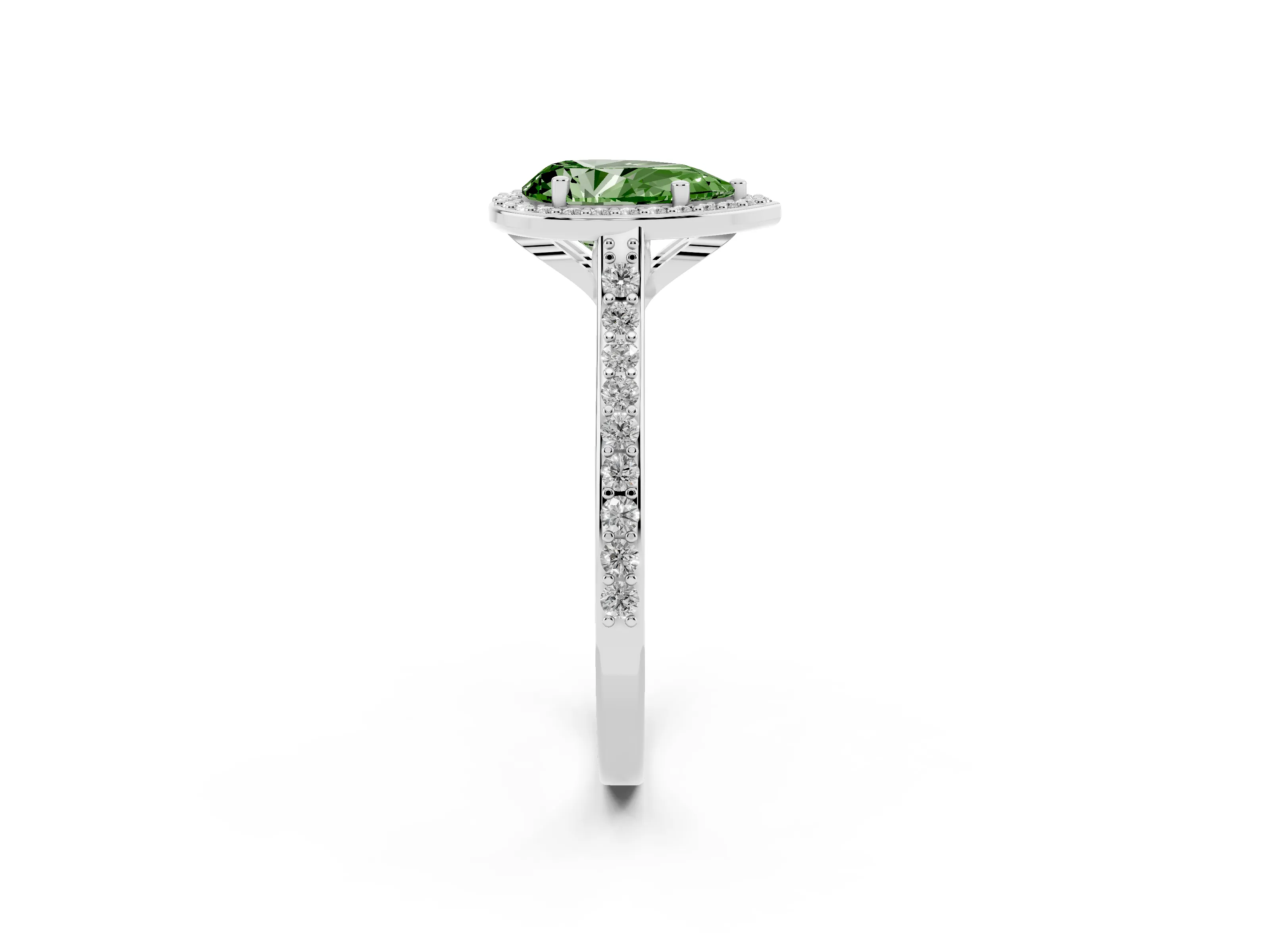 Fancy Green Pear Cut Diamond Halo Engagement Ring Set in Platinum with Round Pavé Shoulders and Heart Gallery