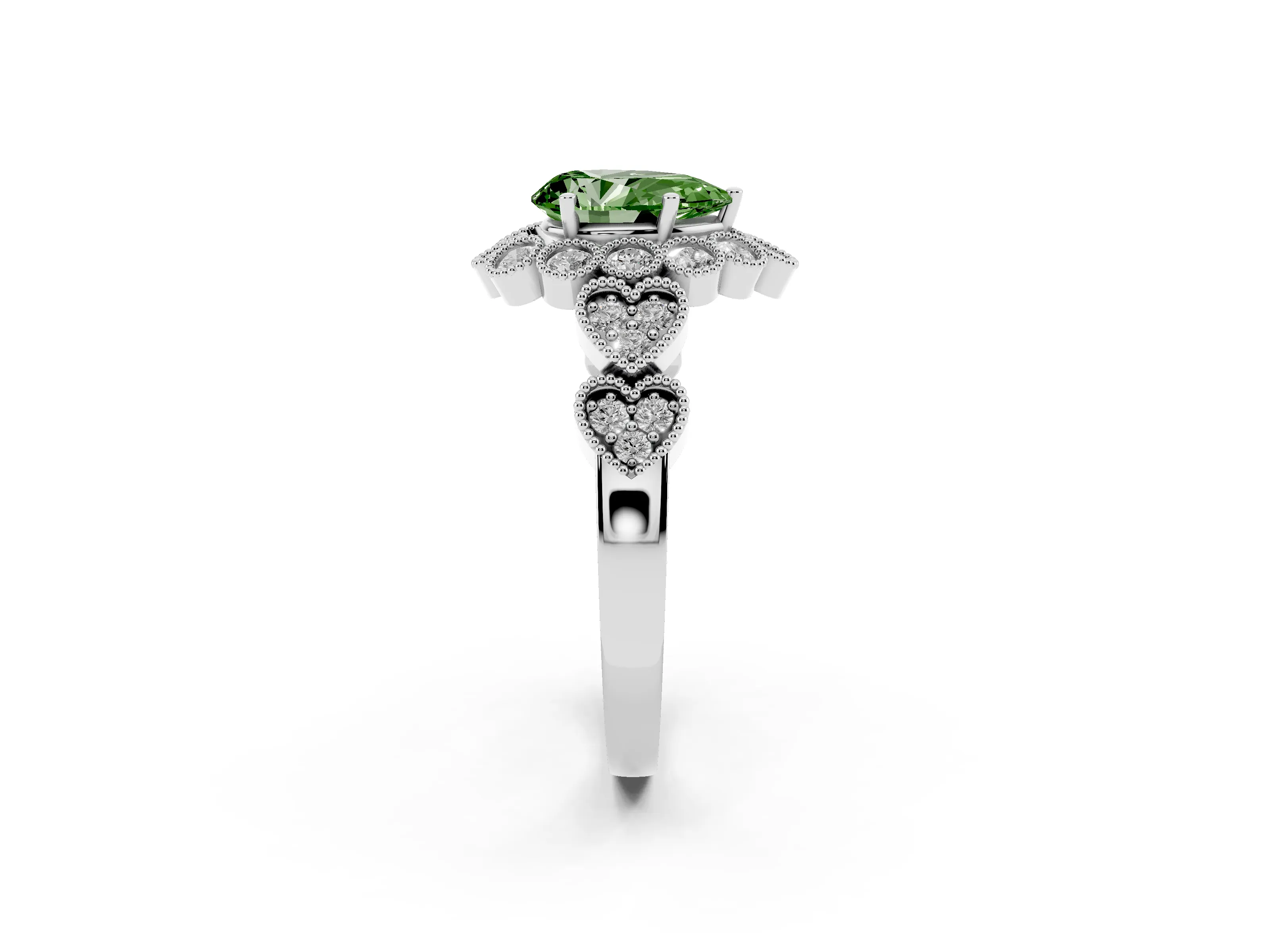 Fancy Green Pear Cut Diamond Solitaire Ring Set in White gold with Milgrain Pavé Heart Band