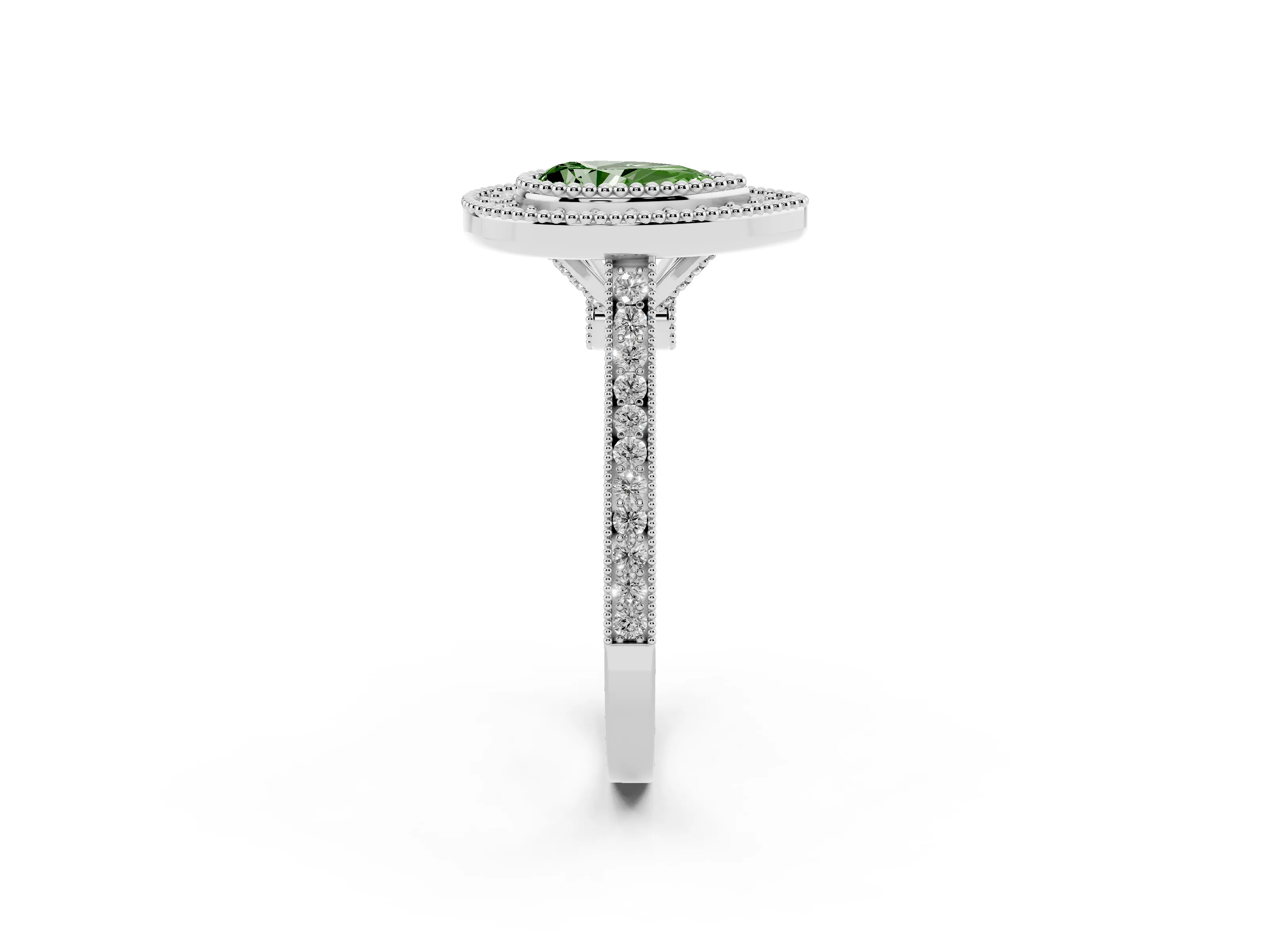 Fancy Green Pear Cut Diamond Halo Ring Set in Silver with Milgrain Frame and Pavé Band