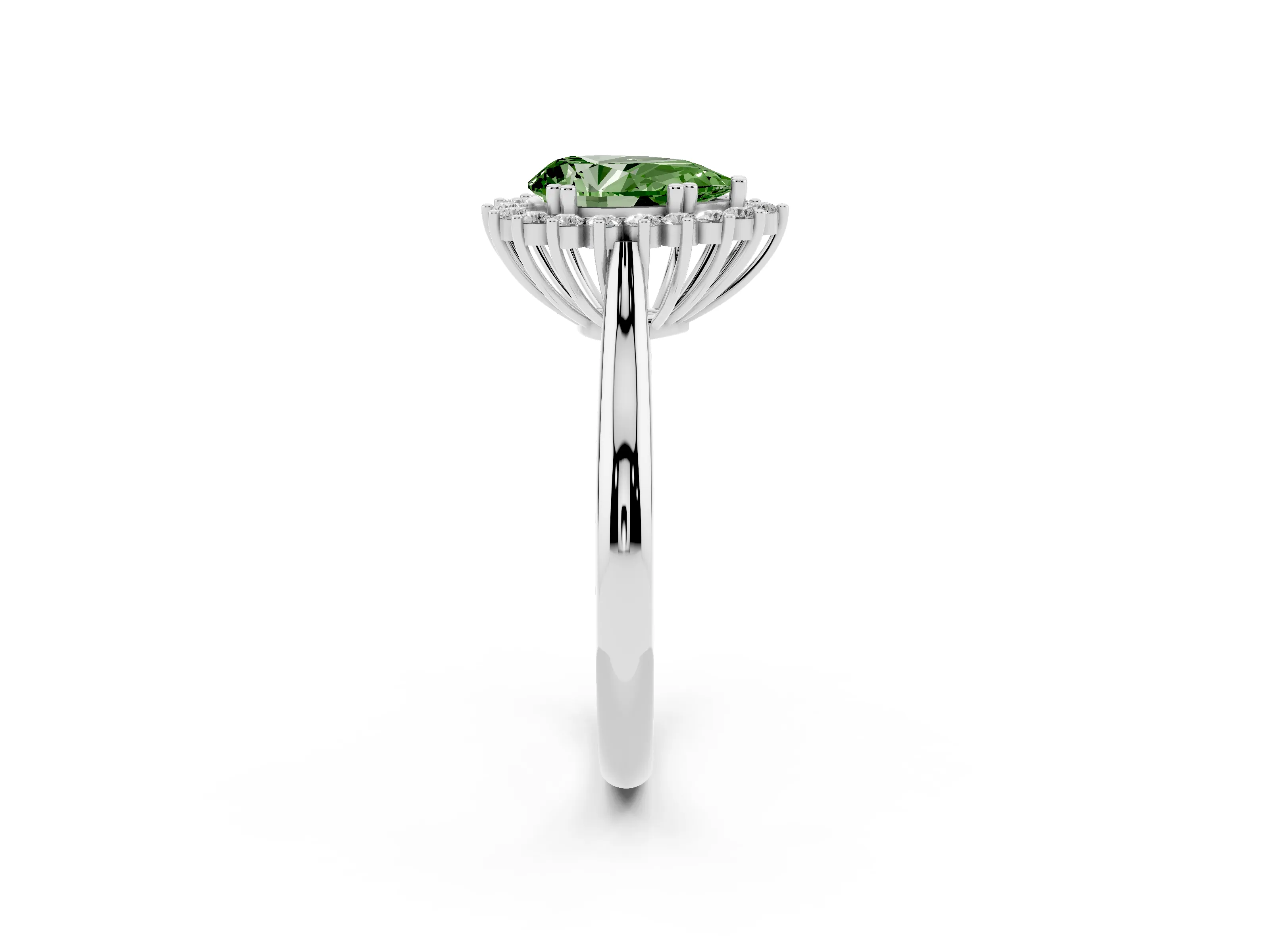 Fancy Green Pear Cut Diamond Halo Ring Set in Silver with Plain Solitaire Band and Prong Setting
