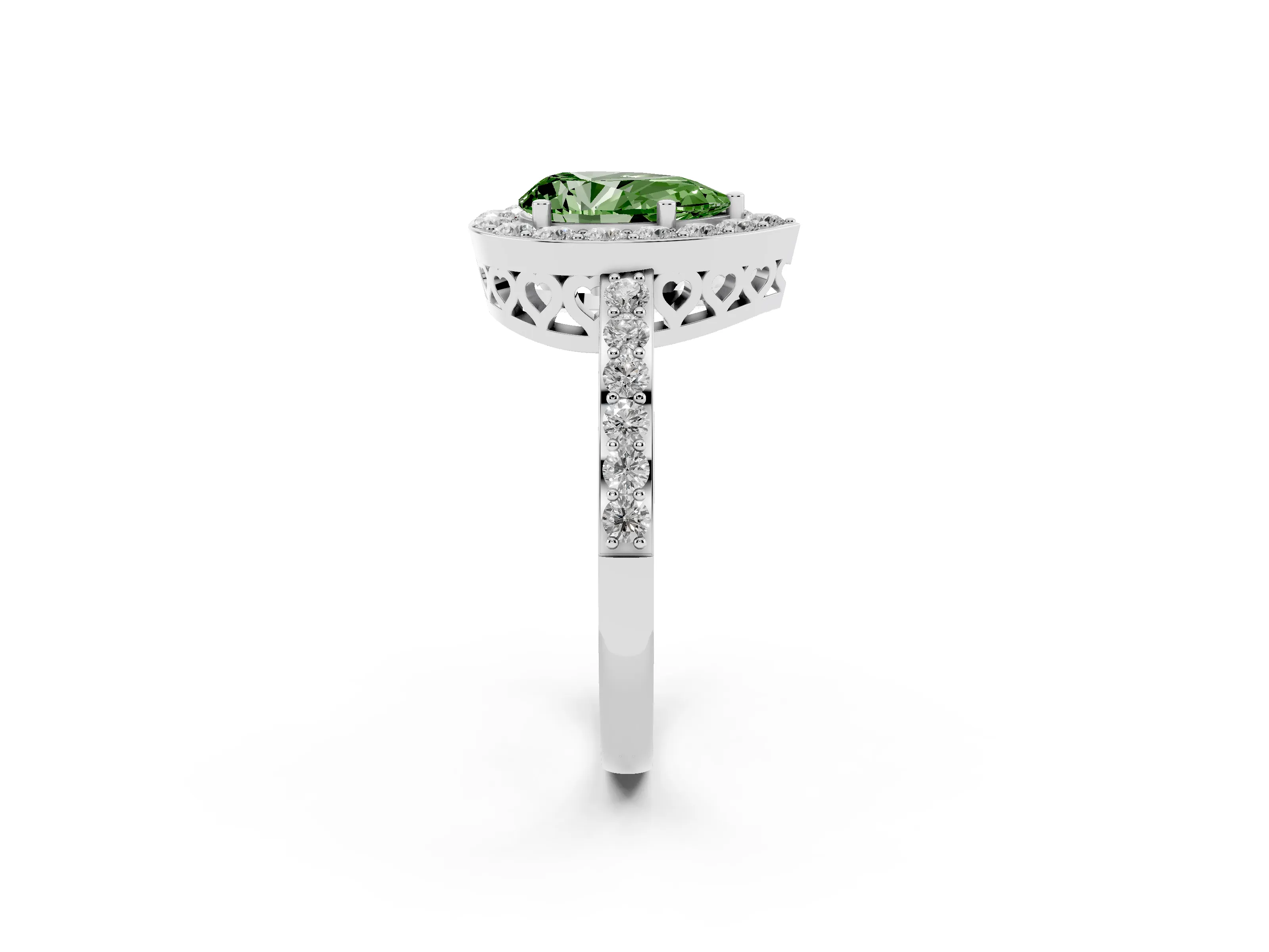 Fancy Green Pear Cut Diamond Halo Ring Set in Platinum with Pavé-Setting Band and Open Prong Center