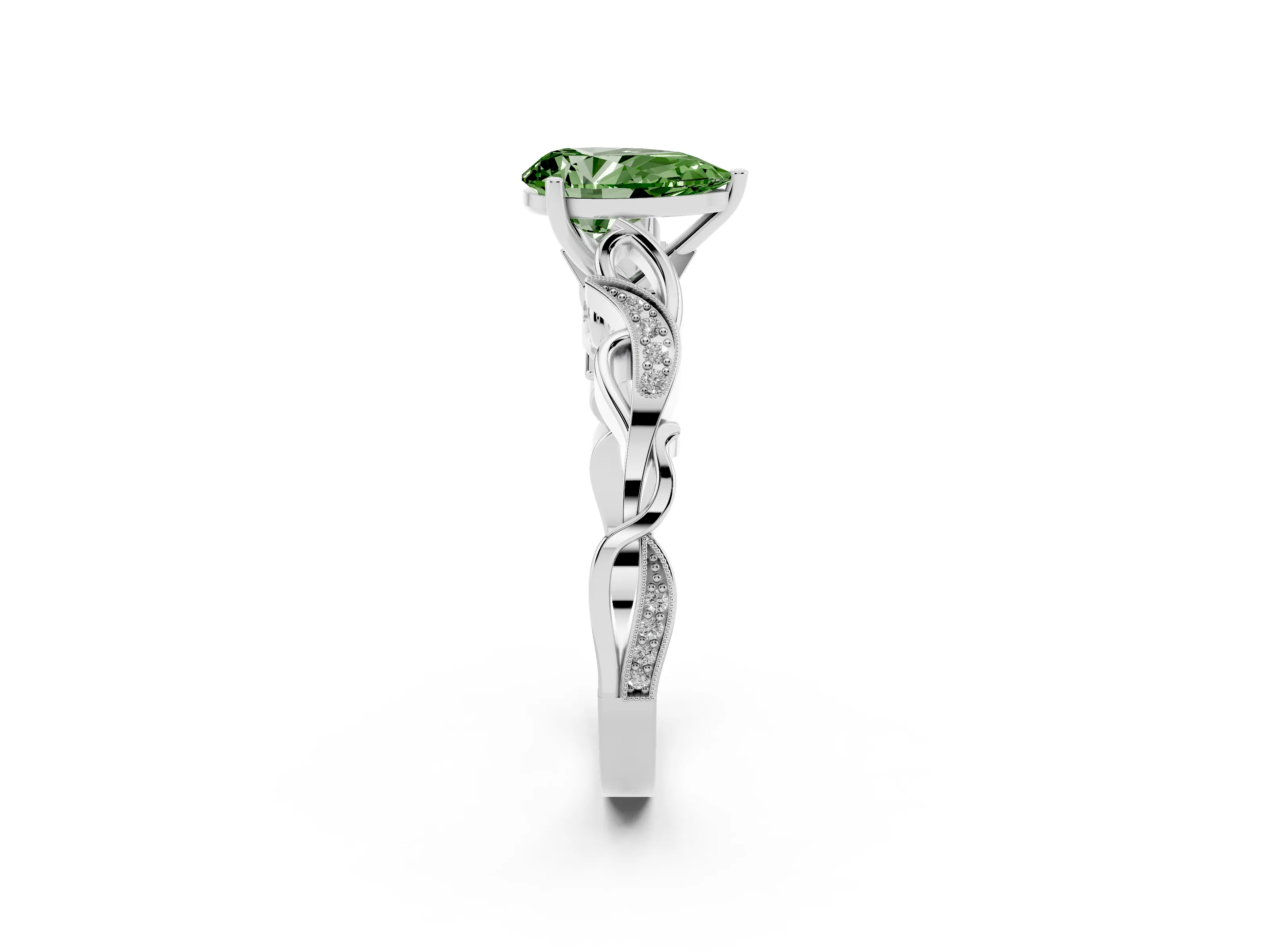 Fancy Green Pear Cut Diamond Vine Band Solitaire Ring Set in White gold with Milgrain Prong Setting