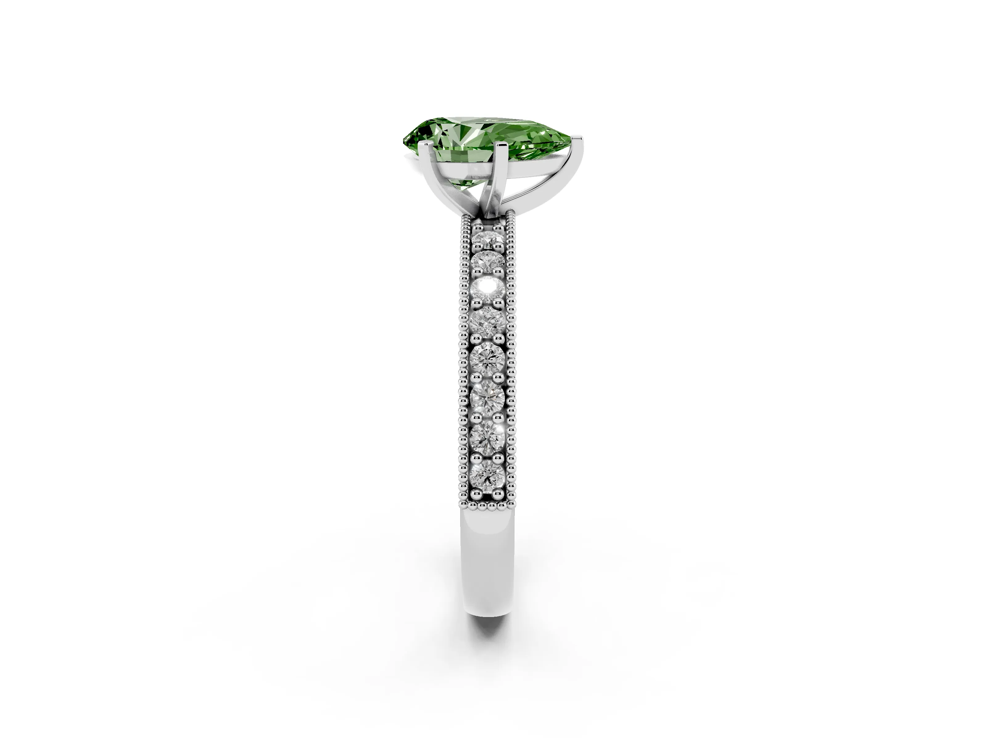 Fancy Green Pear Cut Diamond Milgrain Pavé Engagement Ring Set in Platinum with Prong Setting