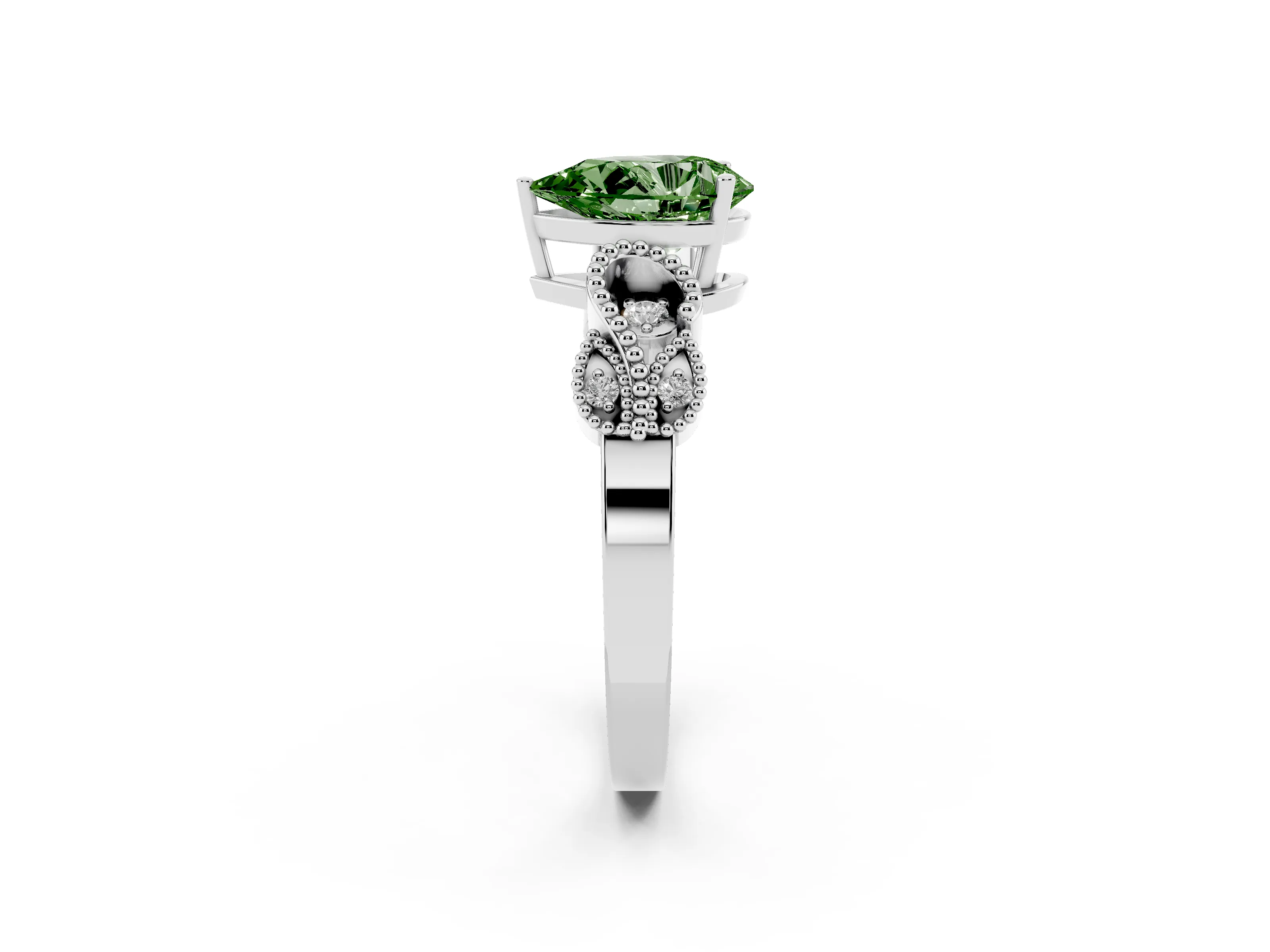 Fancy Green Pear Cut Diamond Milgrain Leaf Band Solitaire Ring Set in White gold with Accent Stones and Prong Setting