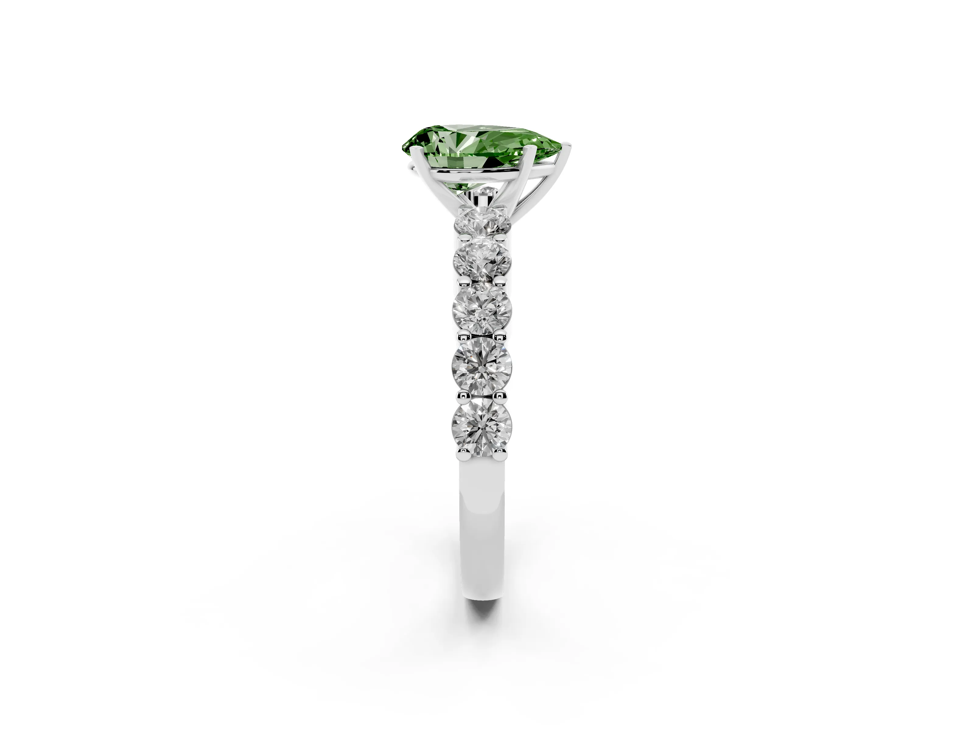 Fancy Green Pear Cut Diamond Solitaire Ring Set in White gold with Shared Prong Round Side Stones