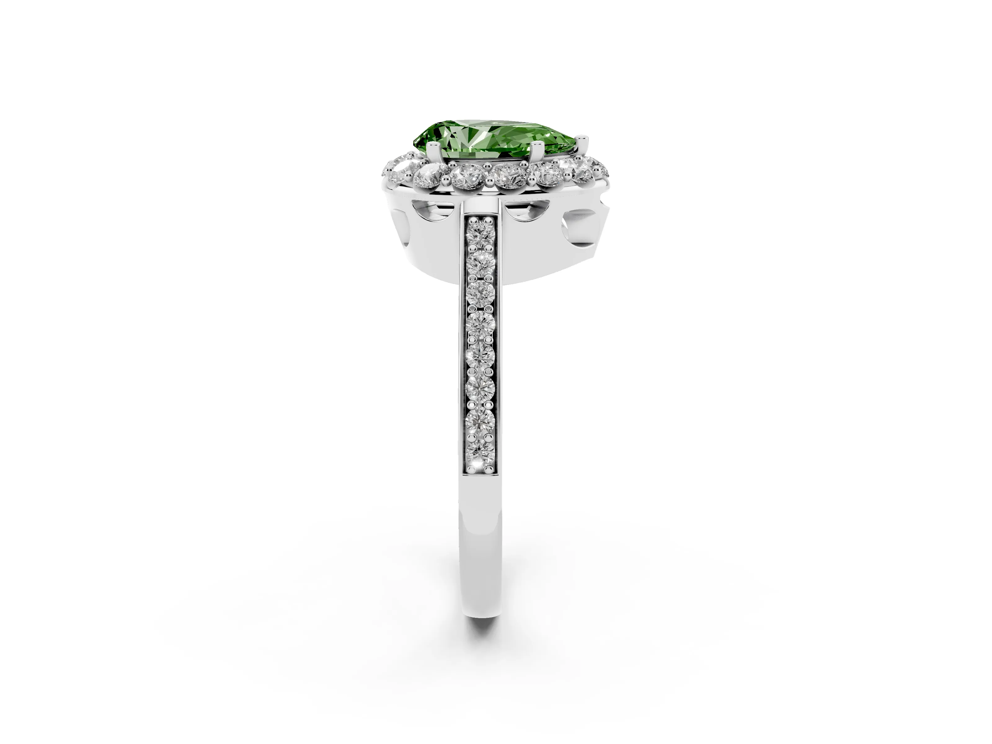Fancy Green Pear Cut Diamond Floral Halo Ring Set in White gold with Pavé Band and Prong Setting