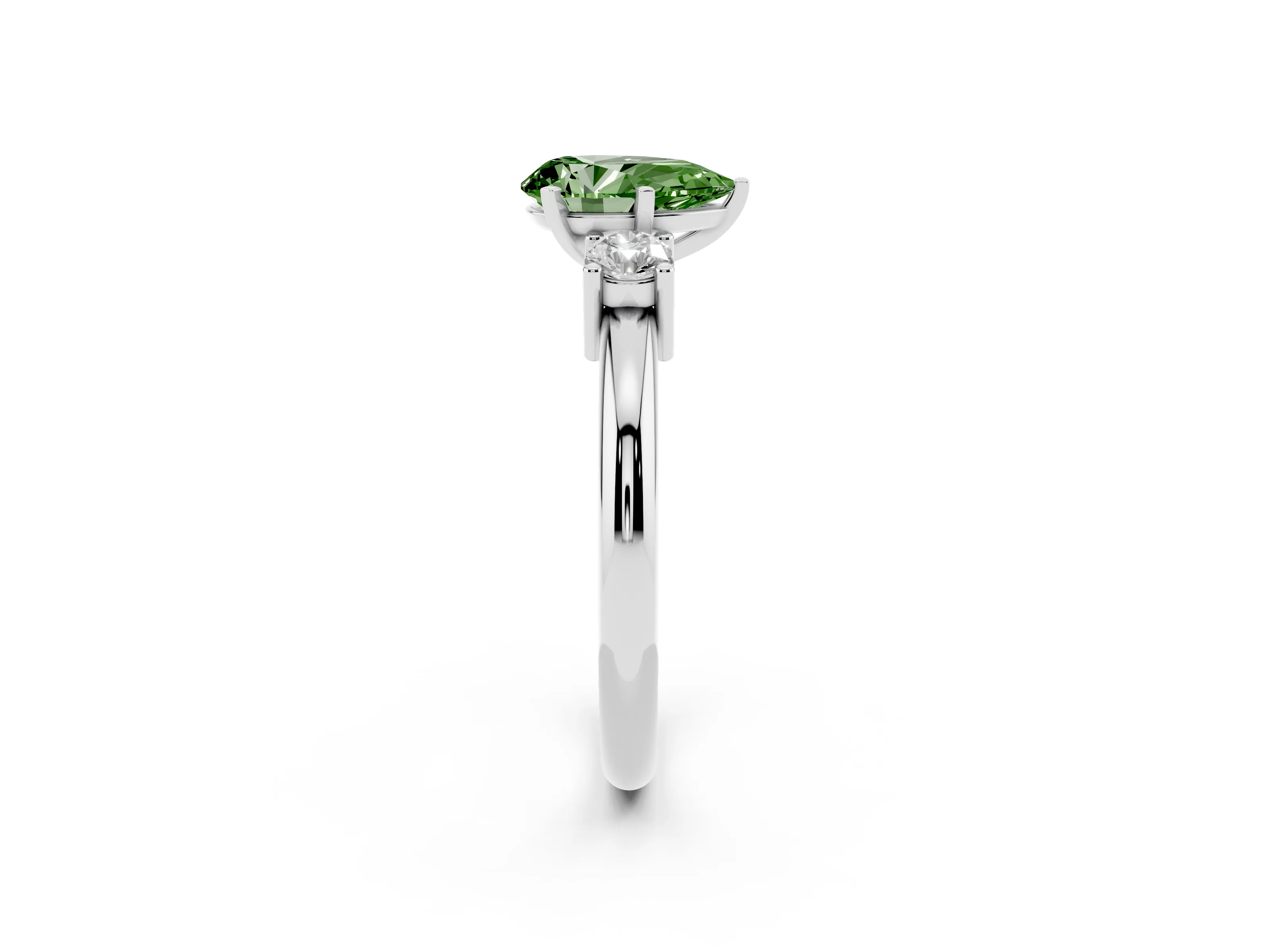 Fancy Green Three-Stone Pear Cut Diamond Ring Set in Platinum with Prong Setting and Plain Band
