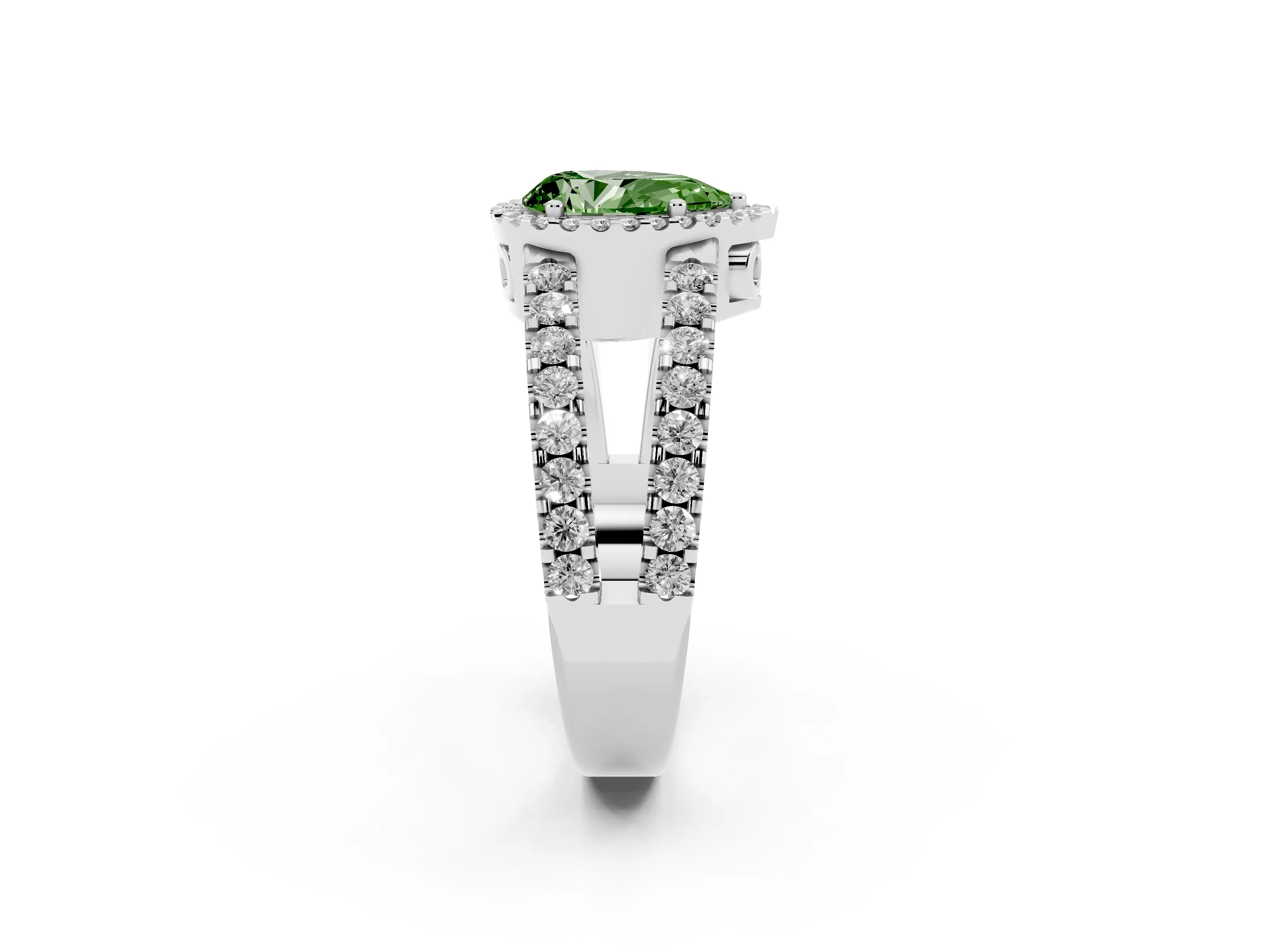 Fancy Green Pear Cut Diamond Halo Ring Set in Platinum with Pavé Split Shank and Prong Setting
