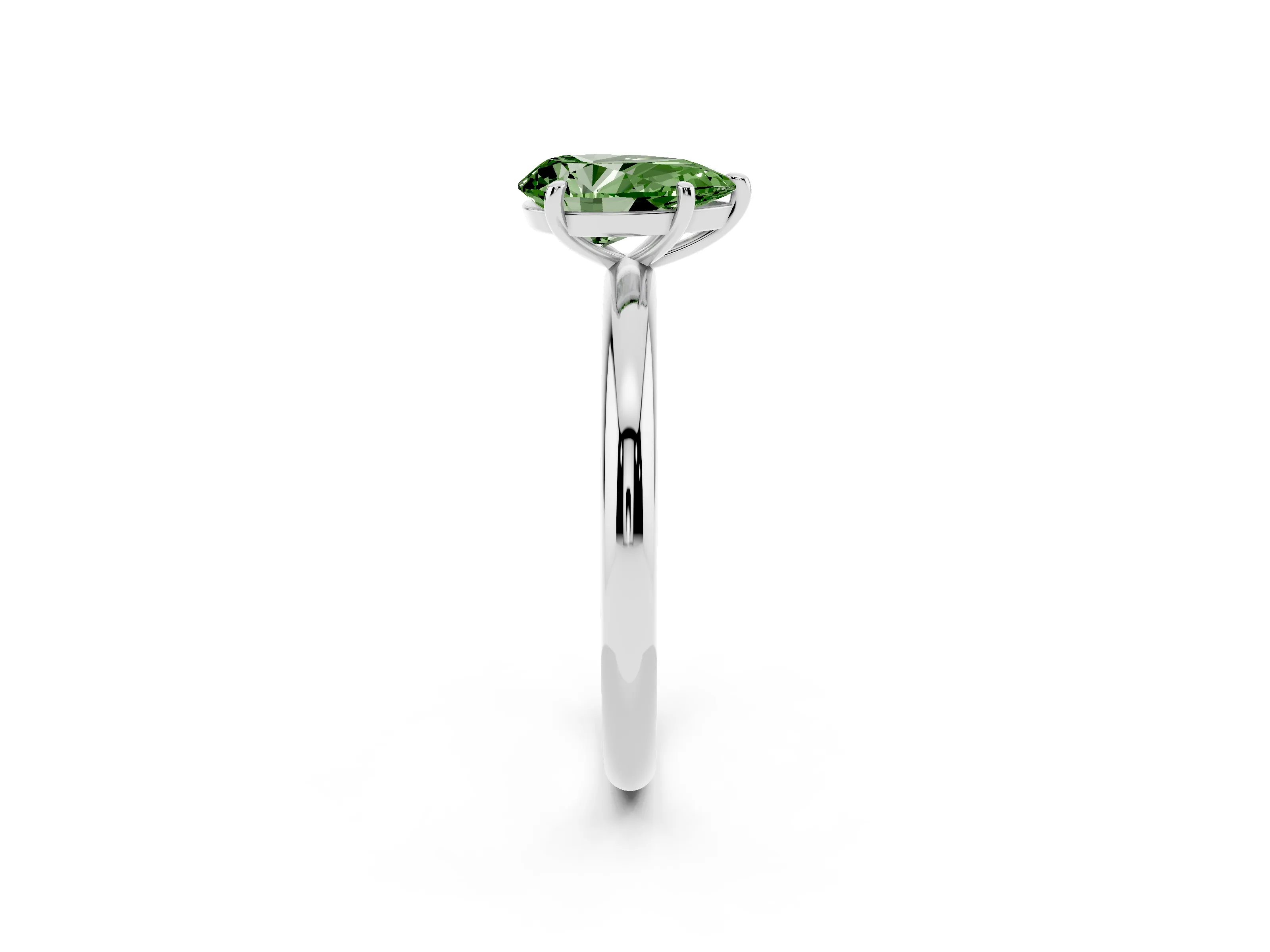 Fancy Green Pear Cut Diamond Solitaire Ring Set in White gold with Prong Setting on a Polished Plain Band