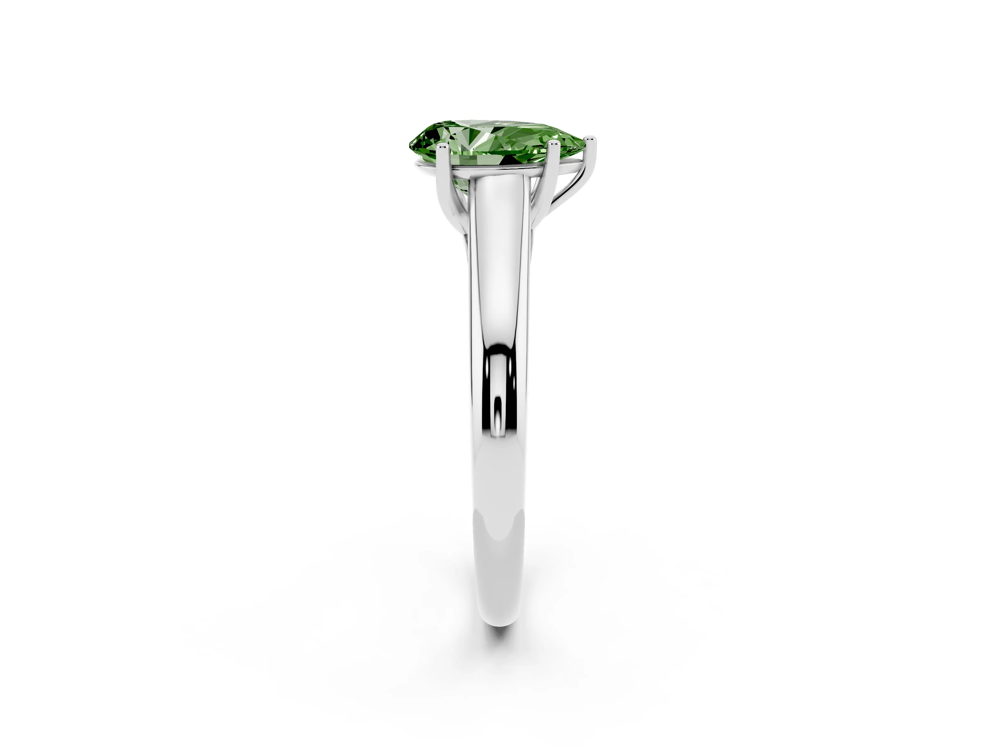Fancy Green Pear Cut Diamond Solitaire Engagement Ring Set in White gold with Subtly Tapered Band and Prong Setting