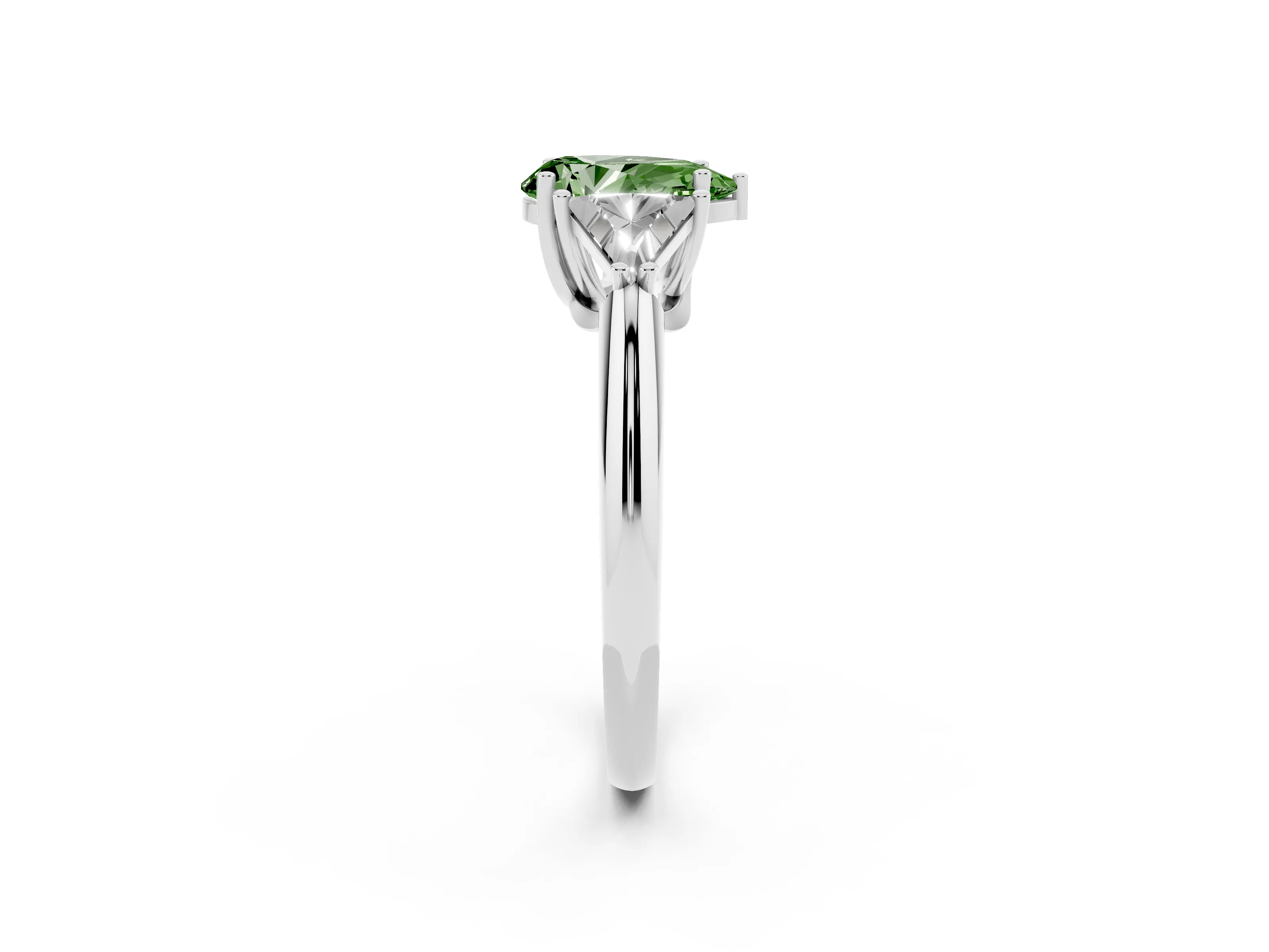 Fancy Green Pear Cut Diamond Three-Stone Engagement Ring Set in Silver with Trillion Side Stones