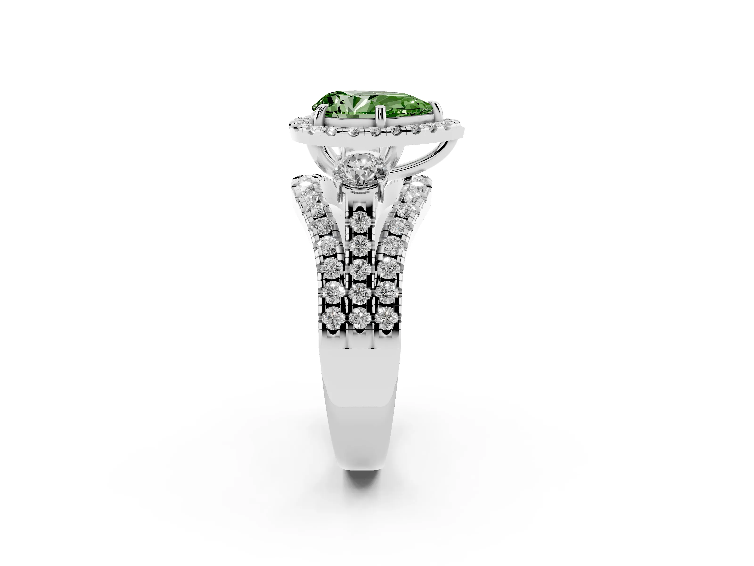 Fancy Green Pear Cut Diamond Halo Split Shank Ring Set in White gold with Round Accent Stones and Prong Setting