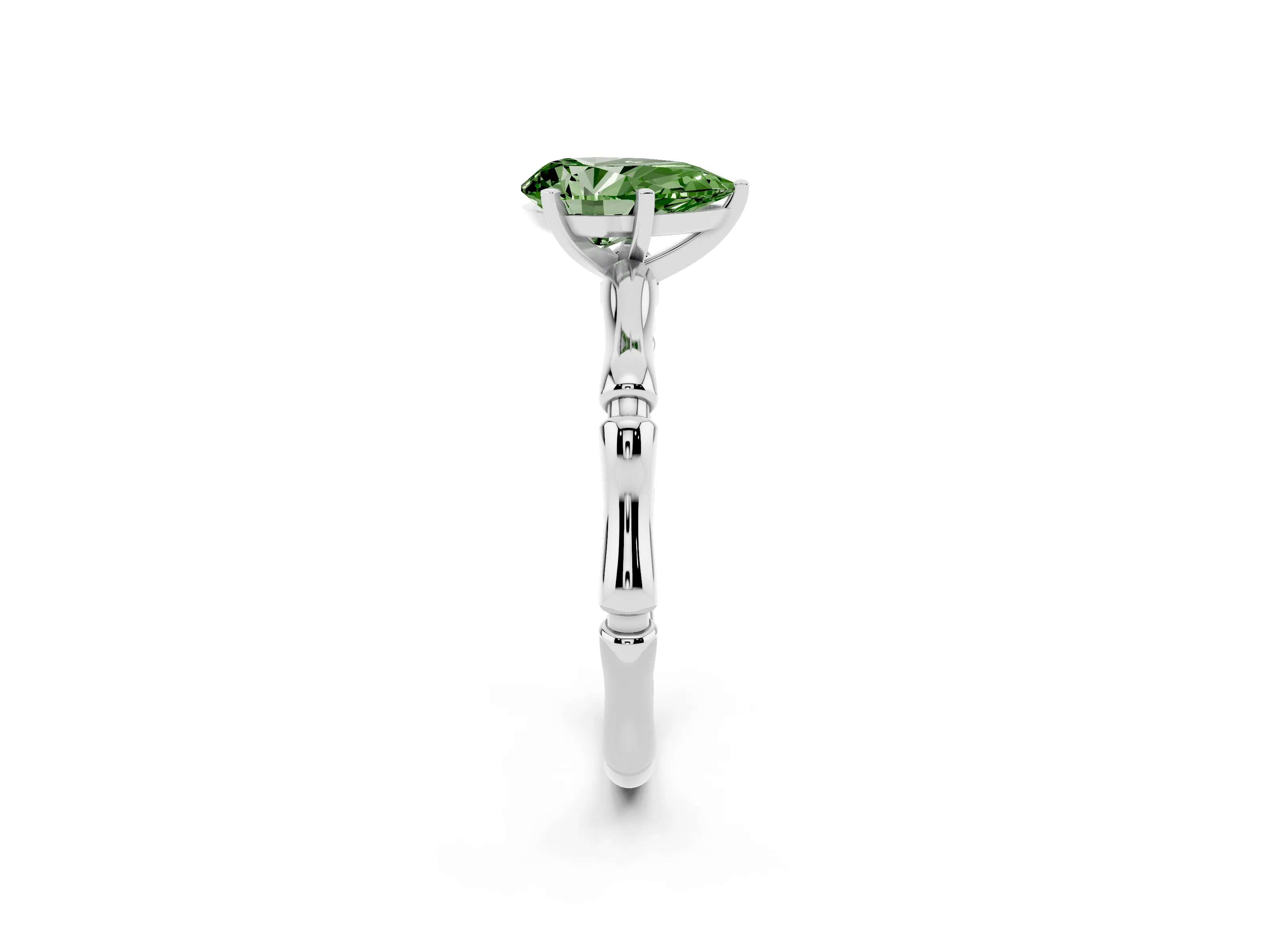 Fancy Green Pear Cut Diamond Solitaire Ring Set in Silver with Bamboo Band and Prong Setting