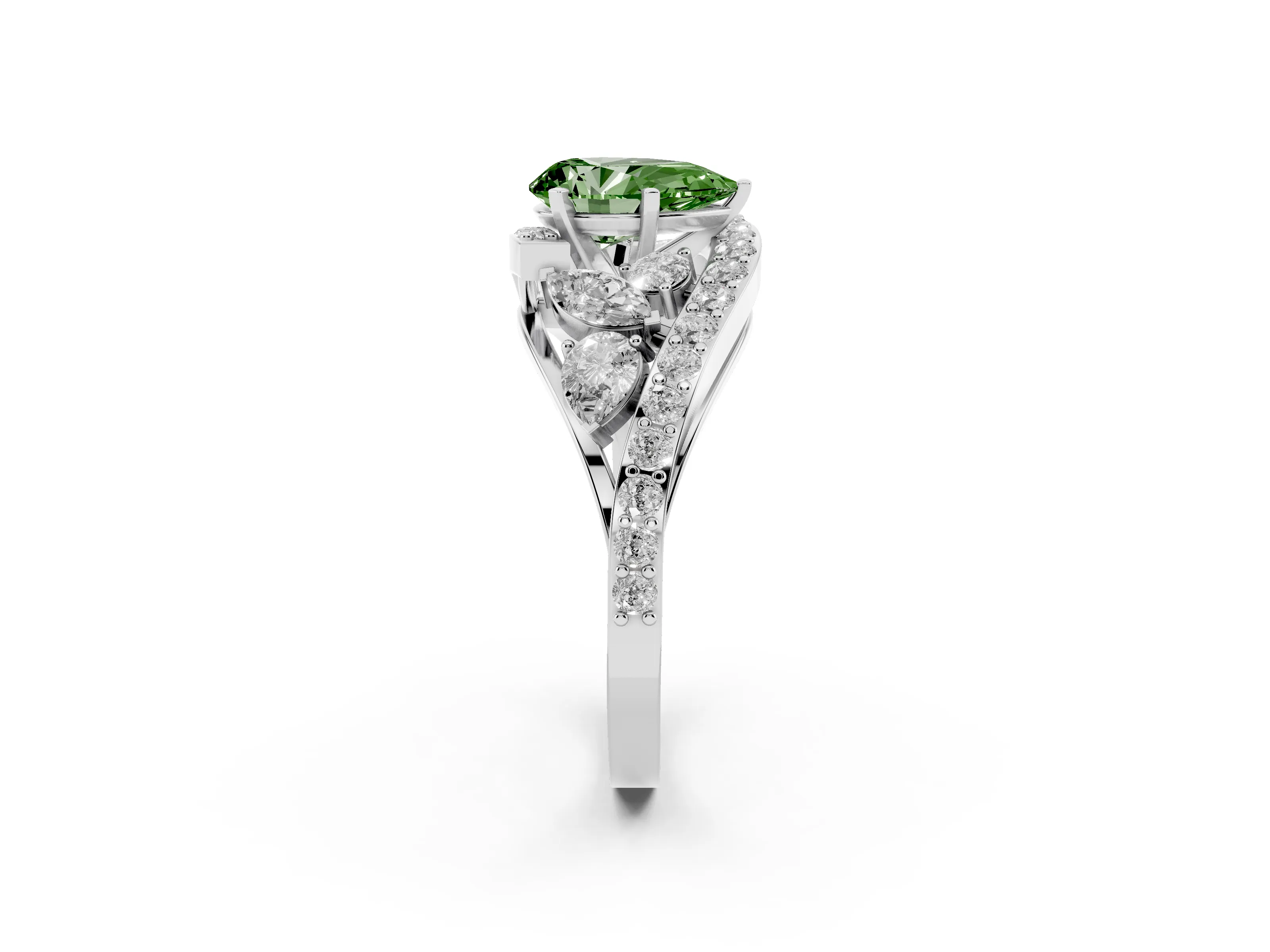 Fancy Green Pear Cut Diamond Halo Ring Set in Platinum with Marquise and Pavé Band in Prong Setting