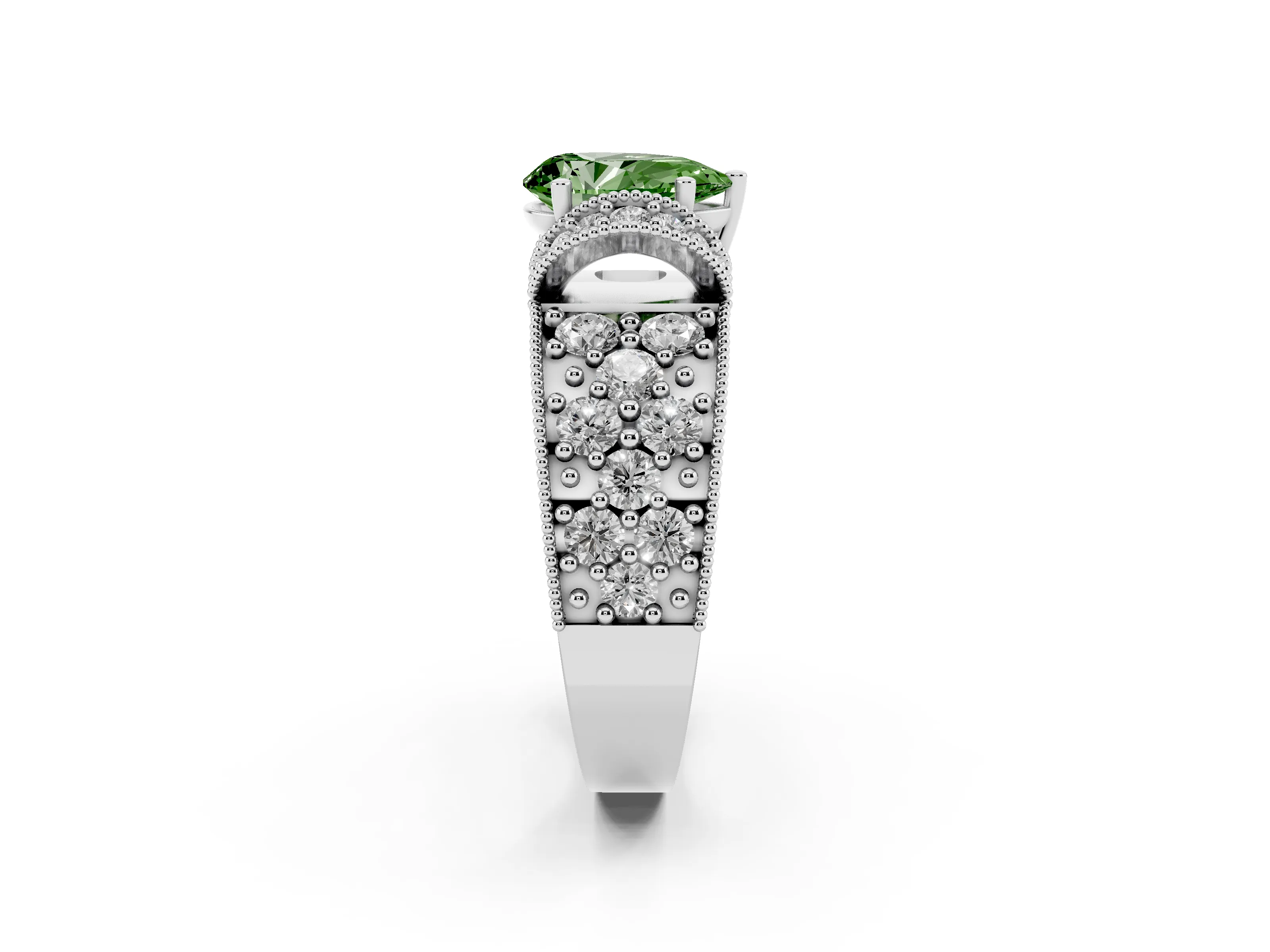 Fancy Green Pear Cut Diamond Milgrain Halo Pavé Engagement Ring Set in Platinum with Prong Setting