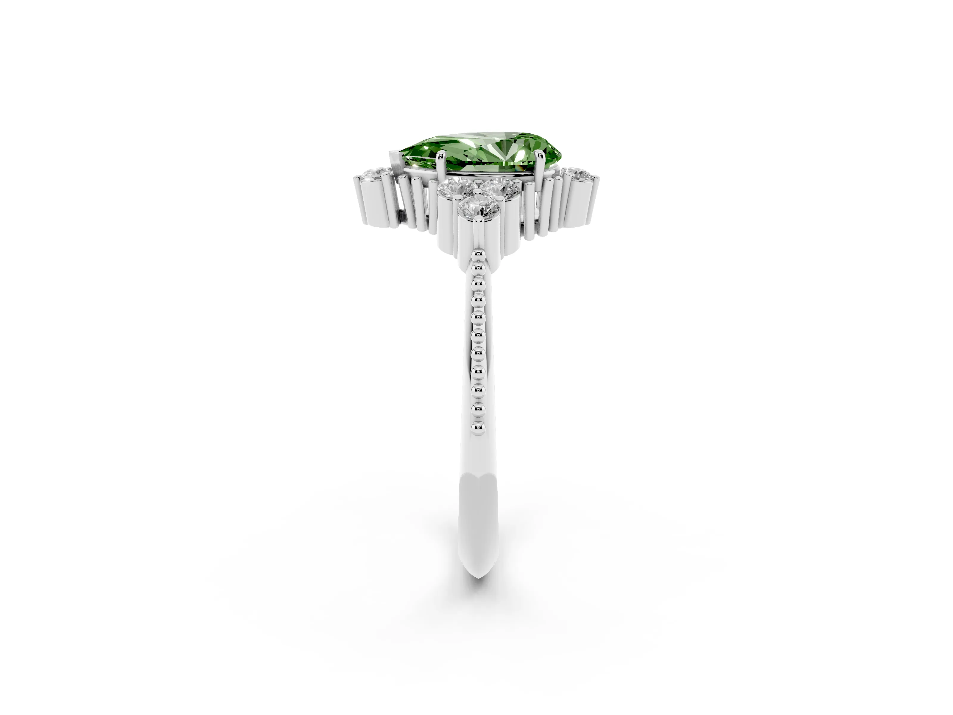 Fancy Green Pear Cut Diamond Cluster Ring Set in Silver with Beaded Band