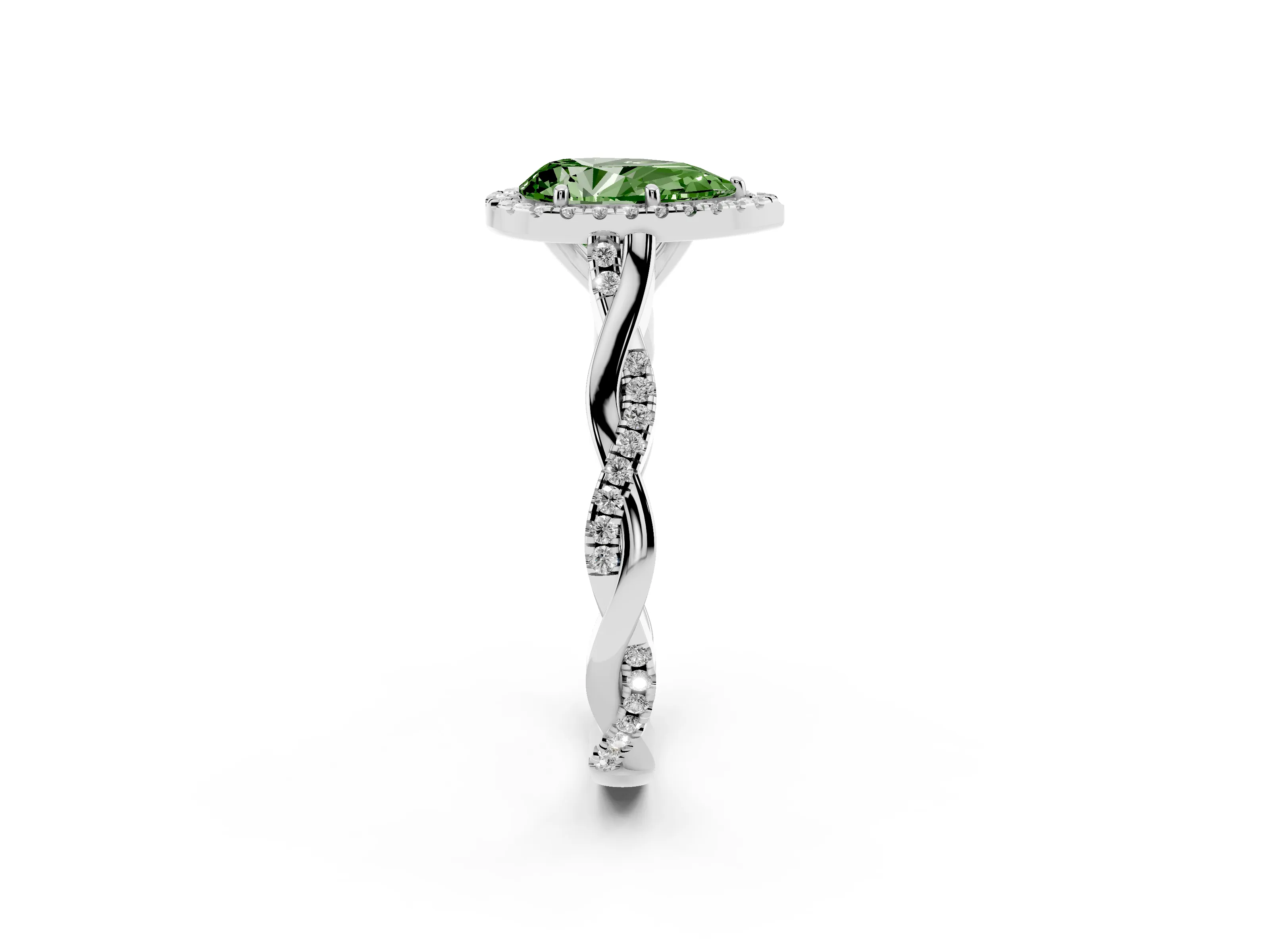 Fancy Green Pear Cut Diamond Halo Twist Band Solitaire Ring Set in White gold with Prong Setting