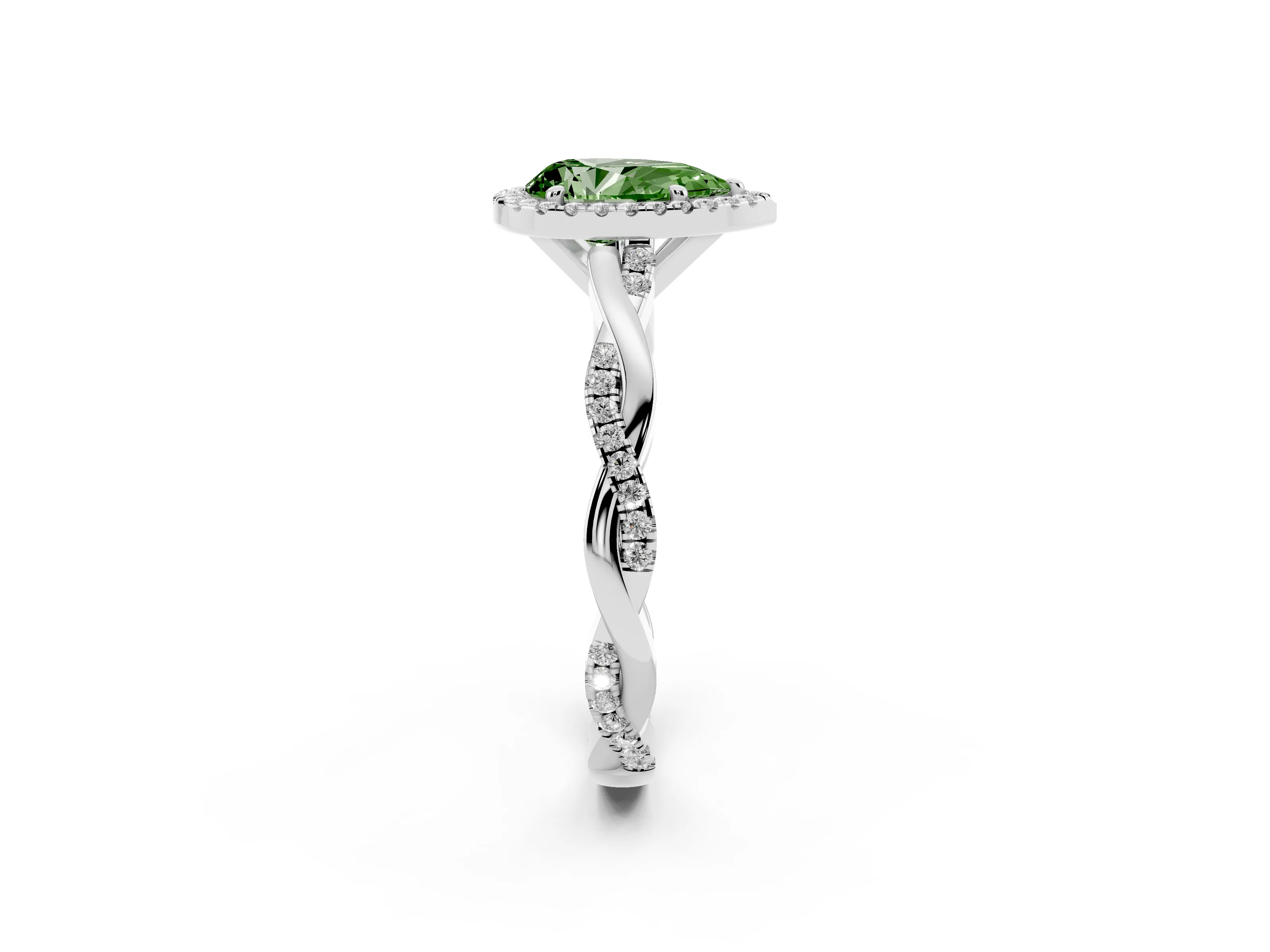 Fancy Green Pear Cut Diamond Halo Twisted Band Ring Set in Platinum with Prong Setting