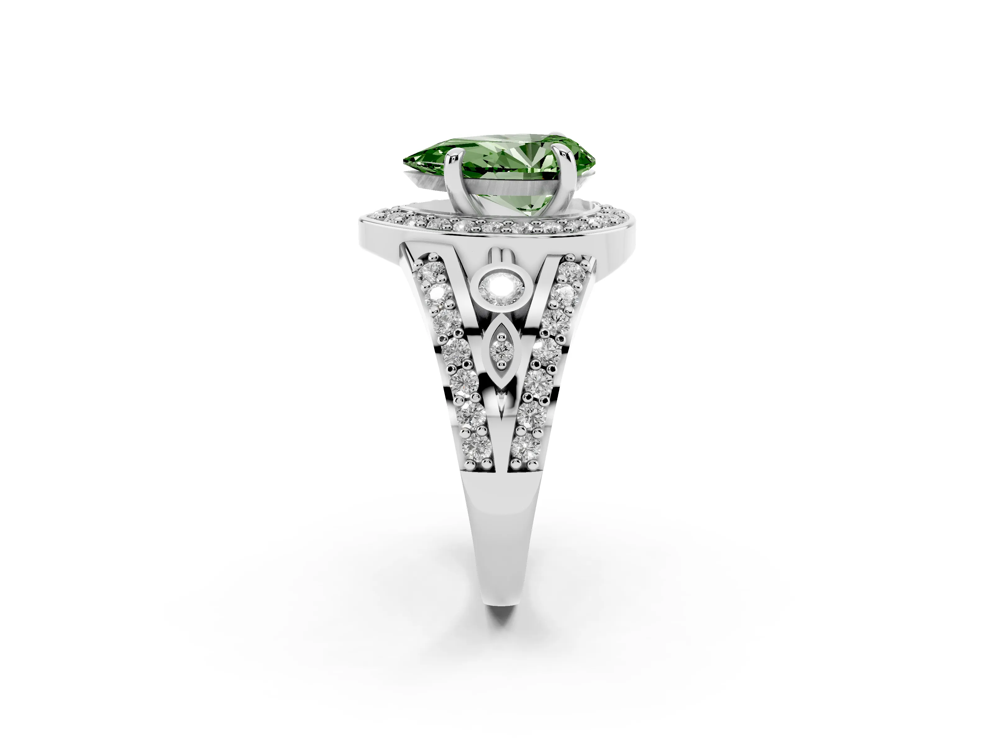 Fancy Green Pear Cut Diamond Halo Ring Set in White gold with Pavé Split Shank and Bezel Accents
