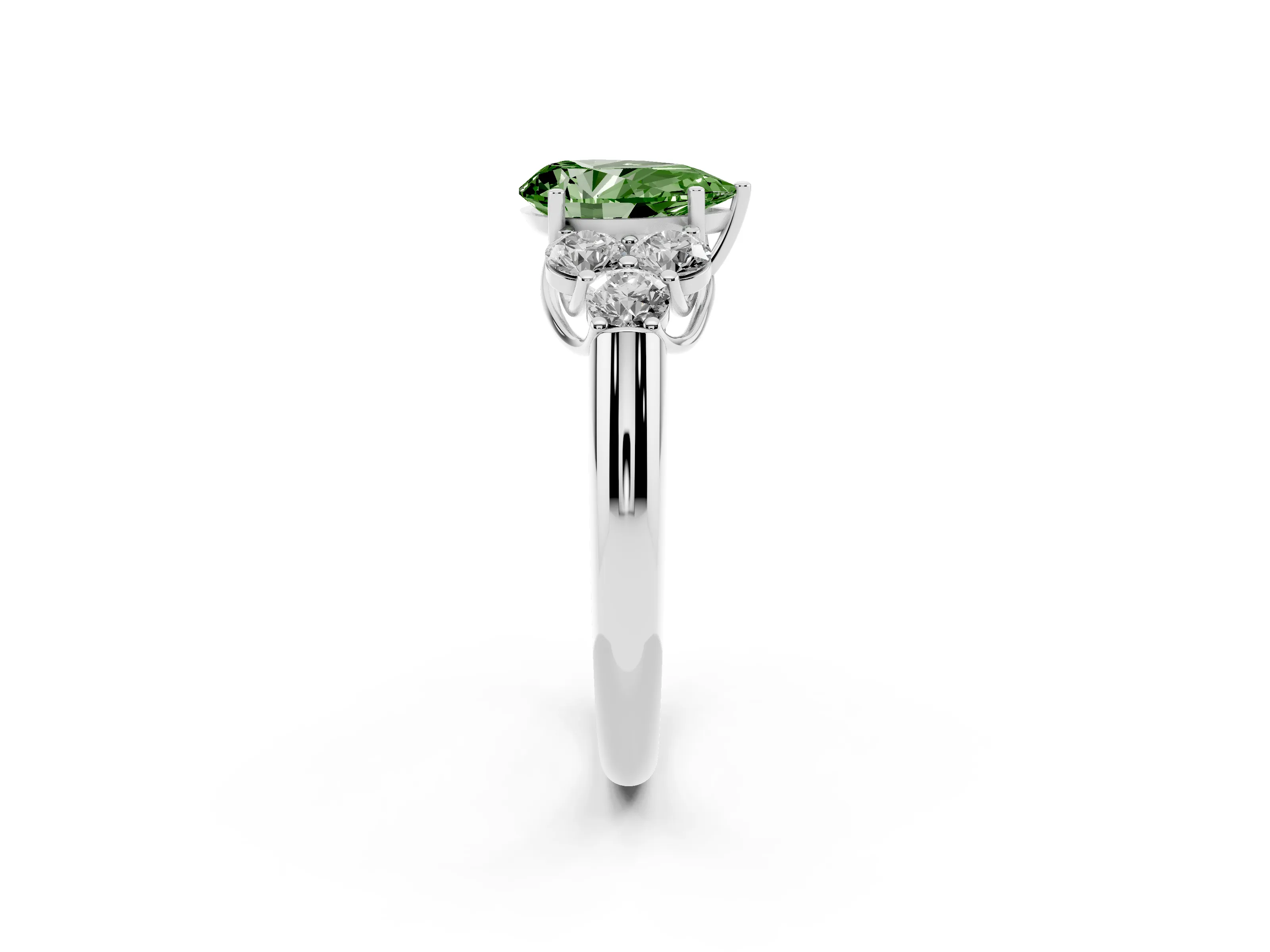 Fancy Green Pear Cut Diamond Cluster Ring Set in Silver with Round Accent Stones and Prong Setting on a Plain Band