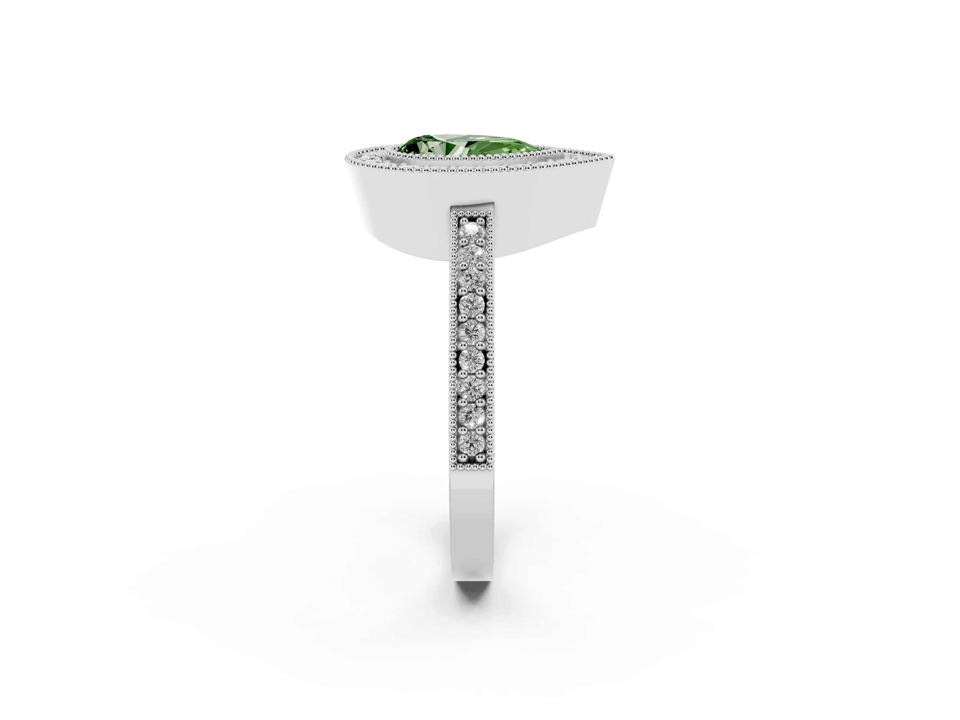 Fancy Green Pear Cut Diamond Halo Engagement Ring Set in White gold with Pavé Band and Round Halo Stones