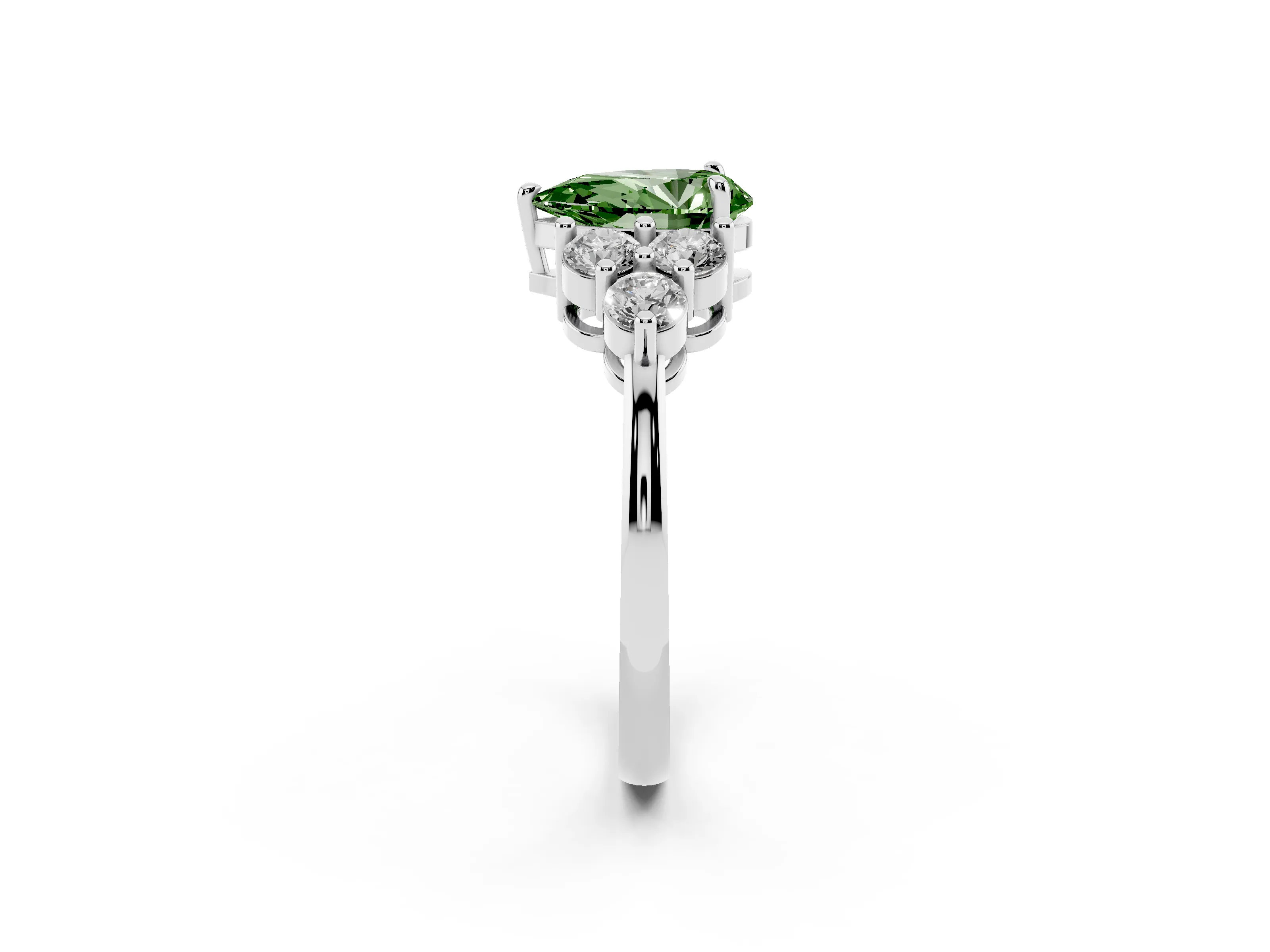 Fancy Green Pear Cut Diamond Solitaire Ring Set in Silver with Cluster Accents on Each Side