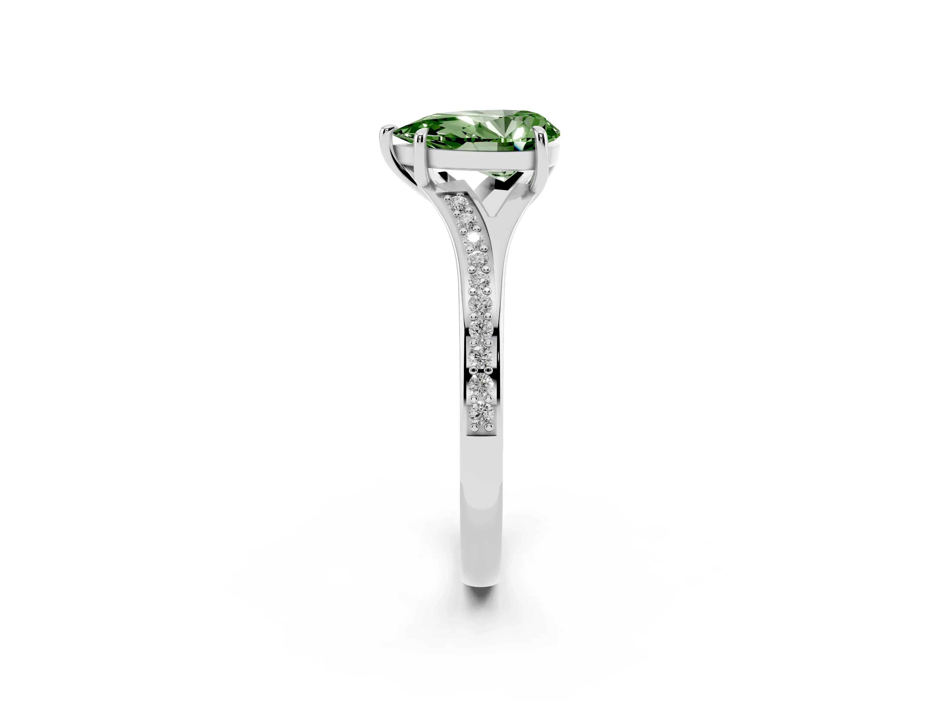 Fancy Green Pear Cut Diamond Solitaire Ring Set in White gold with Pavé Accent Band and Classic Prong Setting