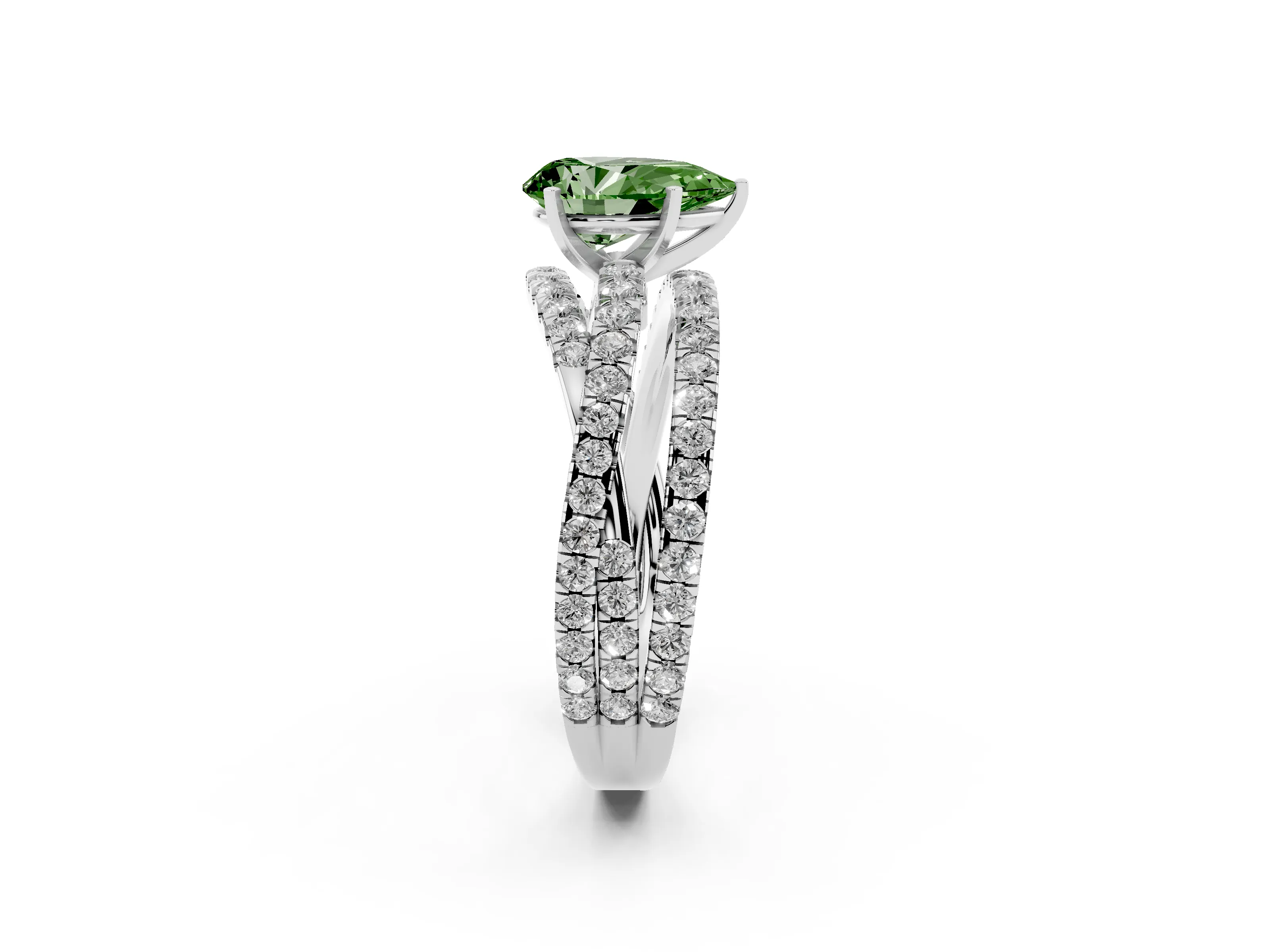 Fancy Green Pear Cut Diamond Solitaire Twist Band Ring Set in Platinum with Pavé Setting and Prong Head