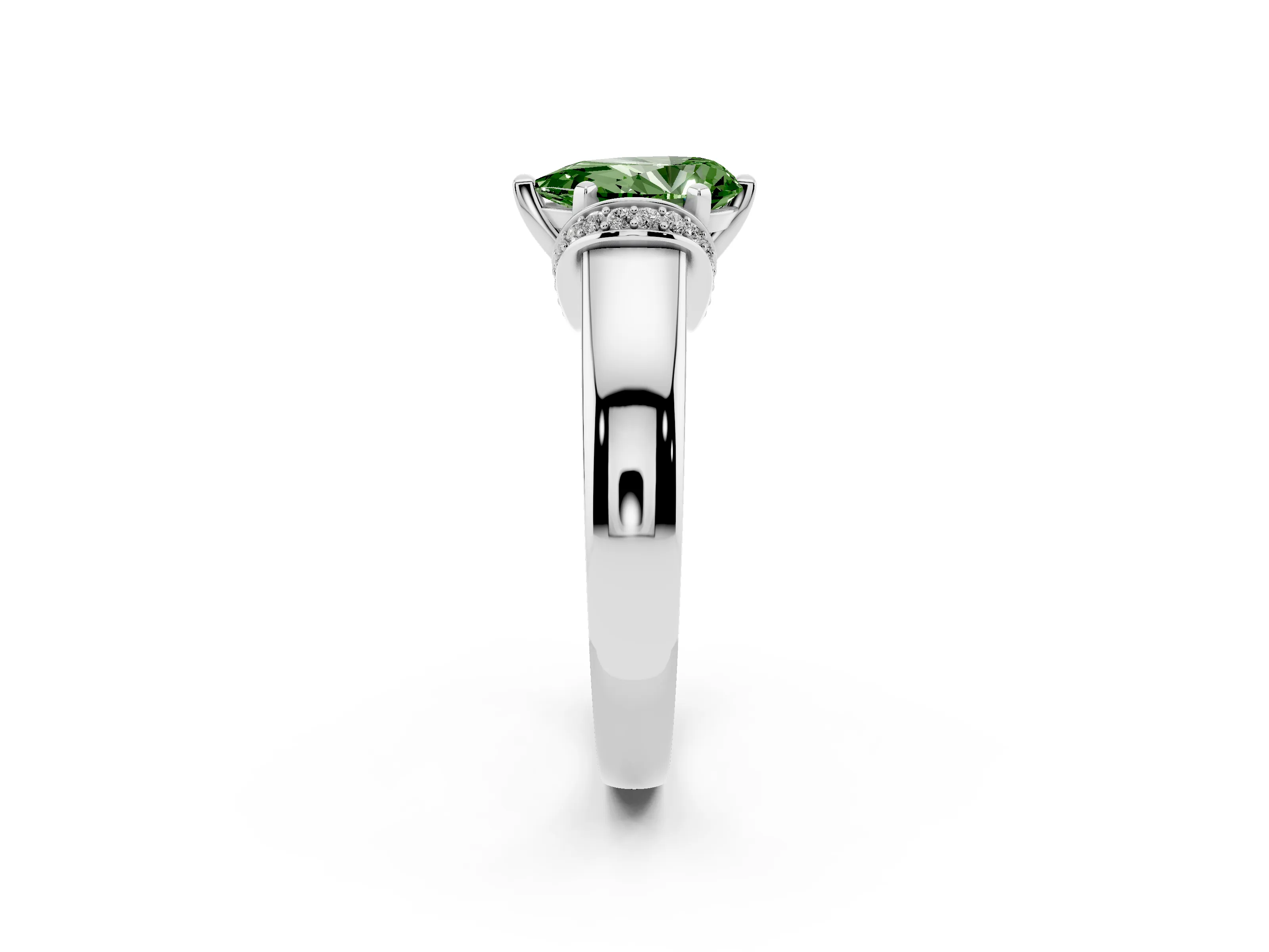 Fancy Green Pear Cut Diamond Pavé Band Solitaire Ring Set in Platinum with Prong Setting