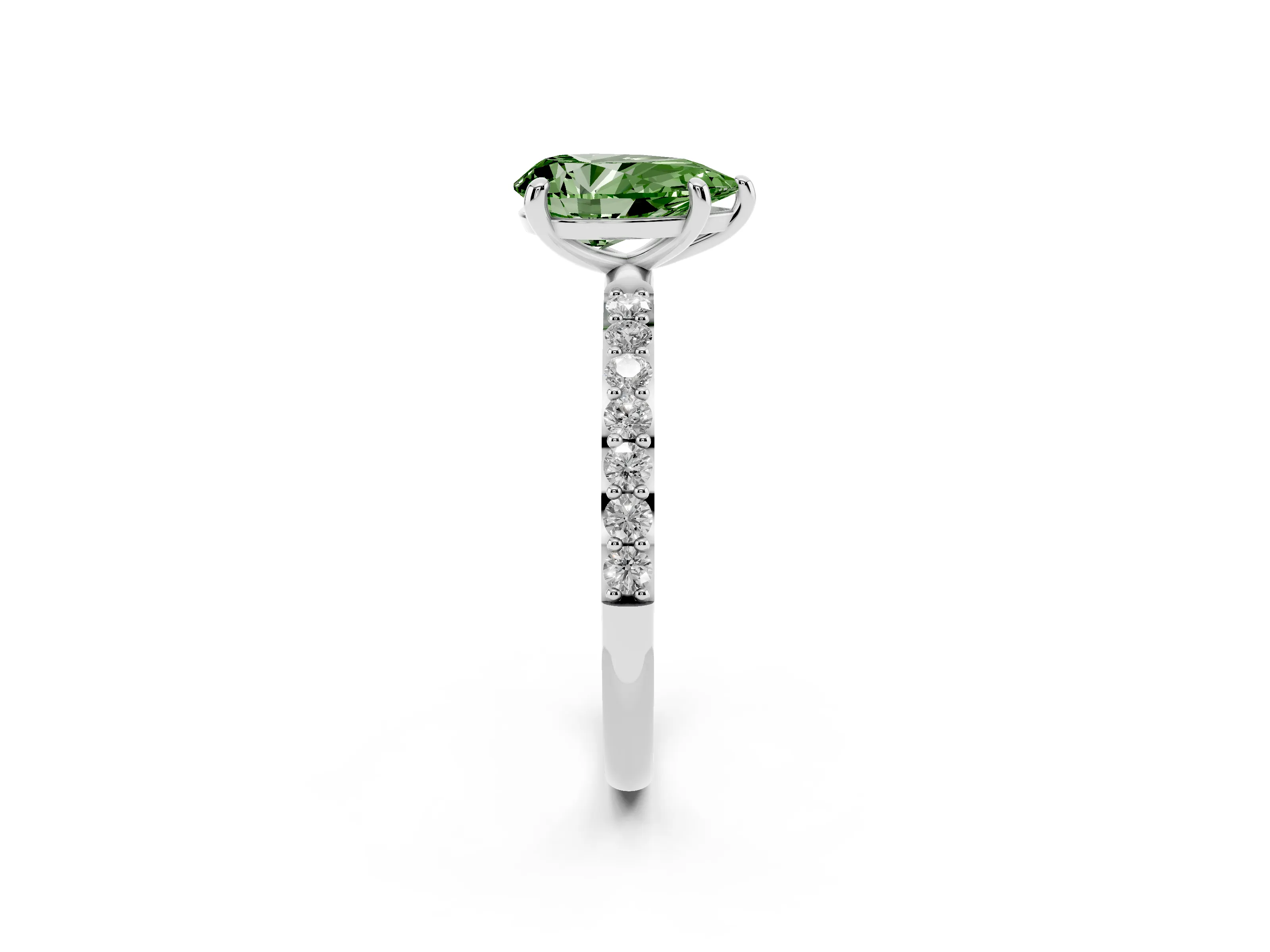 Fancy Green Pear Cut Diamond Solitaire Ring Set in Platinum with Round Pavé Band and Prong Setting