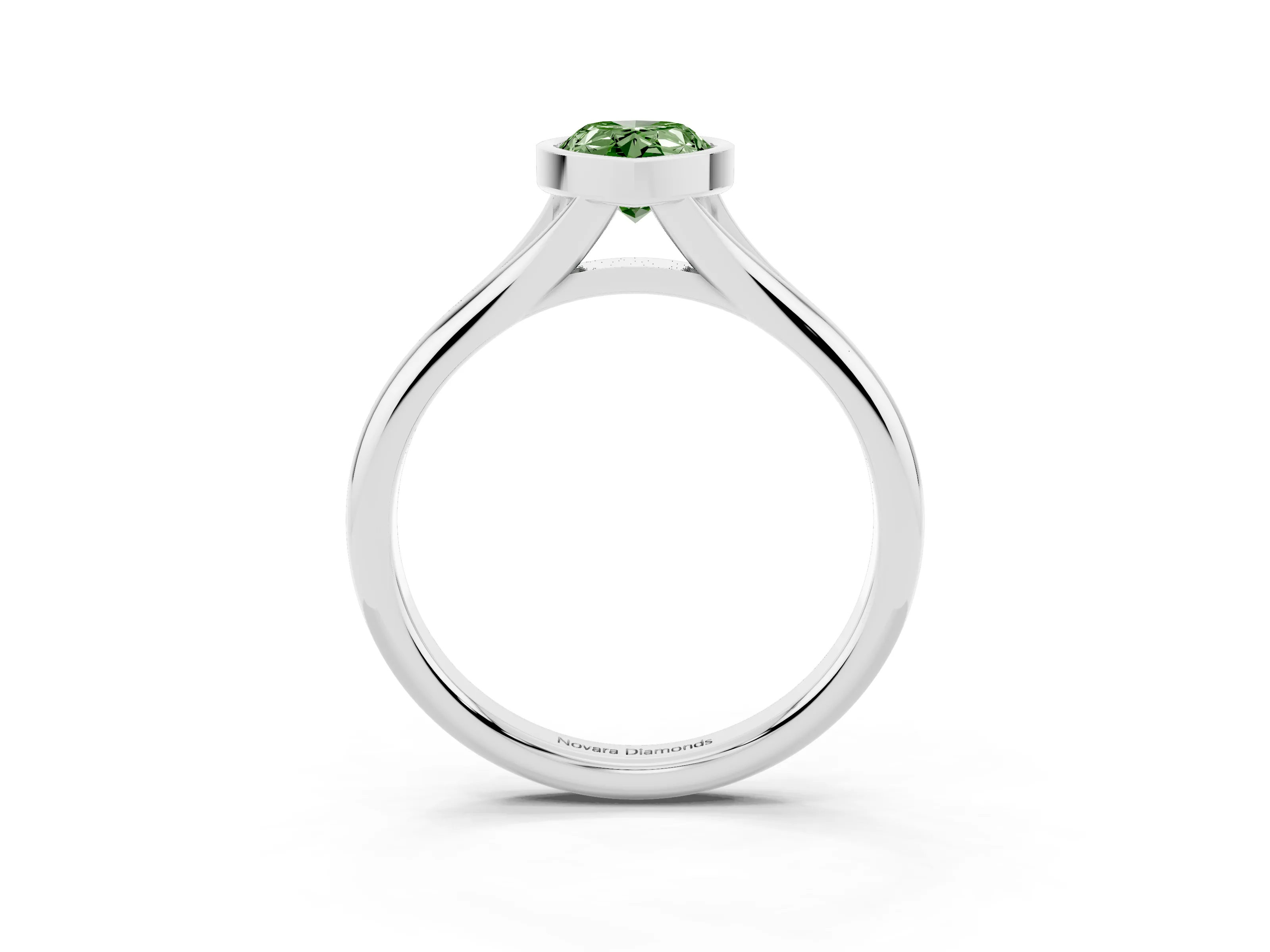 Fancy Green Bezel Set Pear Cut Diamond Solitaire Ring Set in White gold with Smooth Band