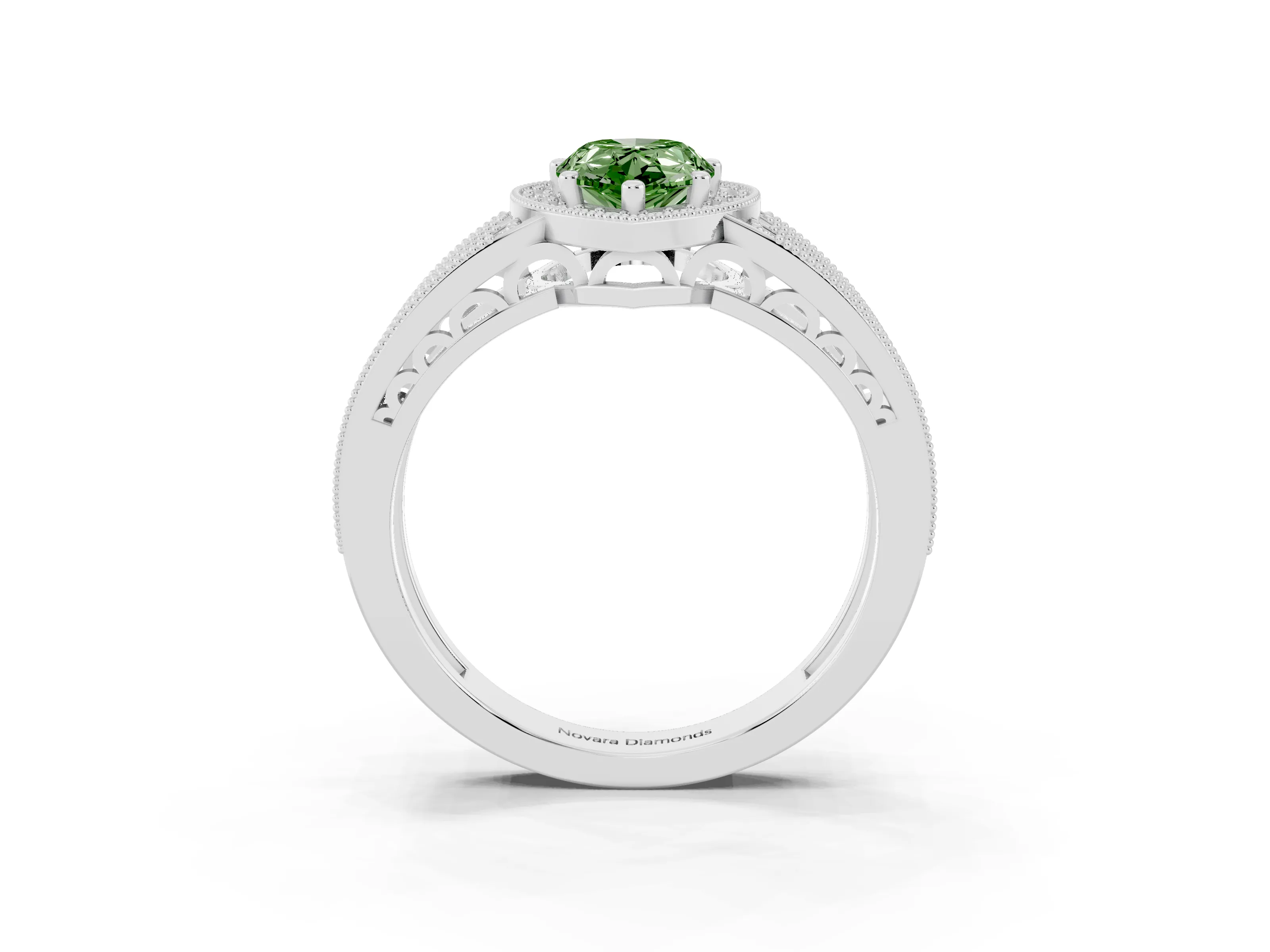 Fancy Green Pear Cut Diamond Halo Ring Set in Silver with Accent Split Shank and Prong Setting