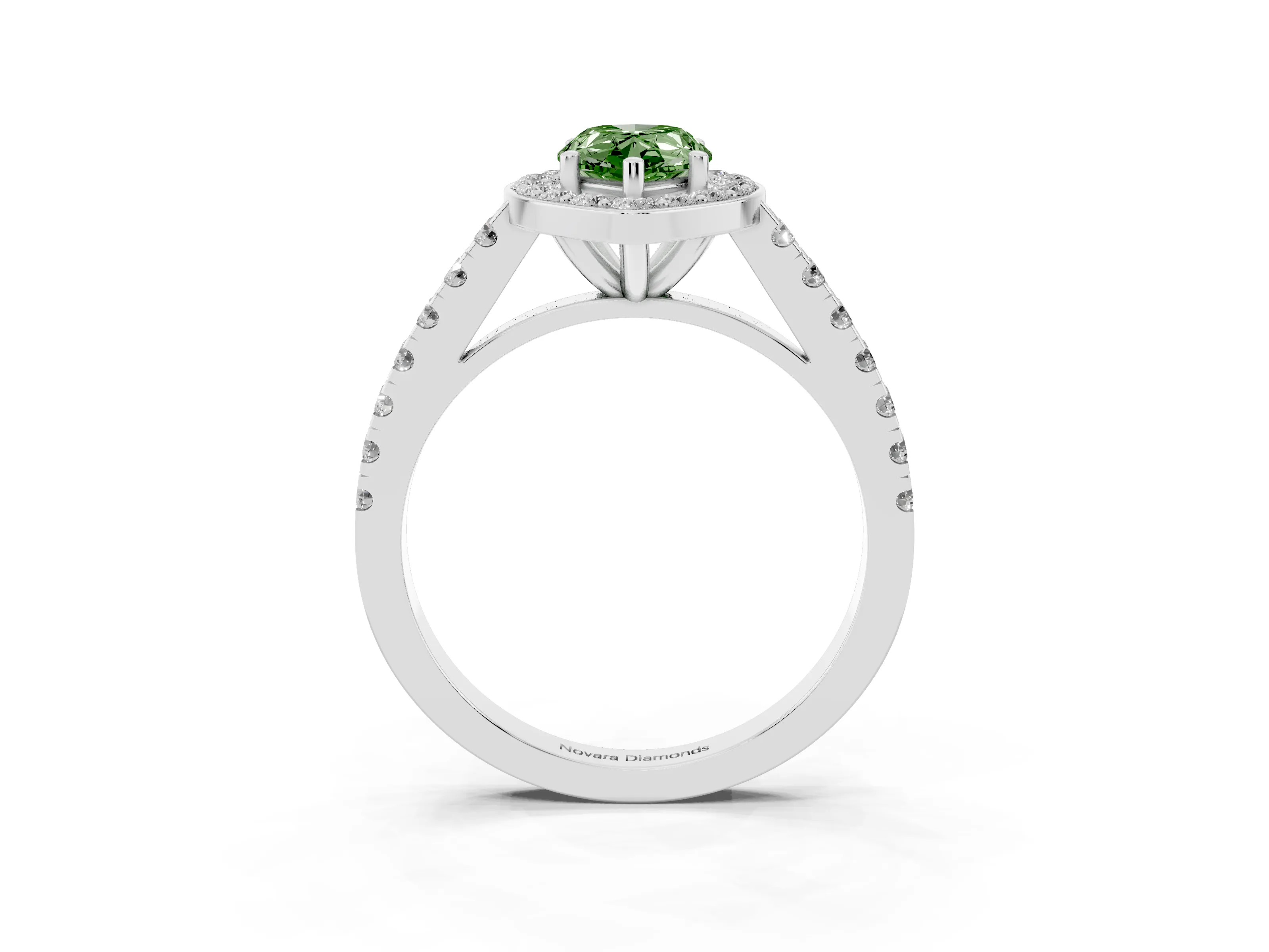 Fancy Green Pear Cut Diamond Halo Ring Set in Silver with Round Pavé Split Shank and Prong Setting