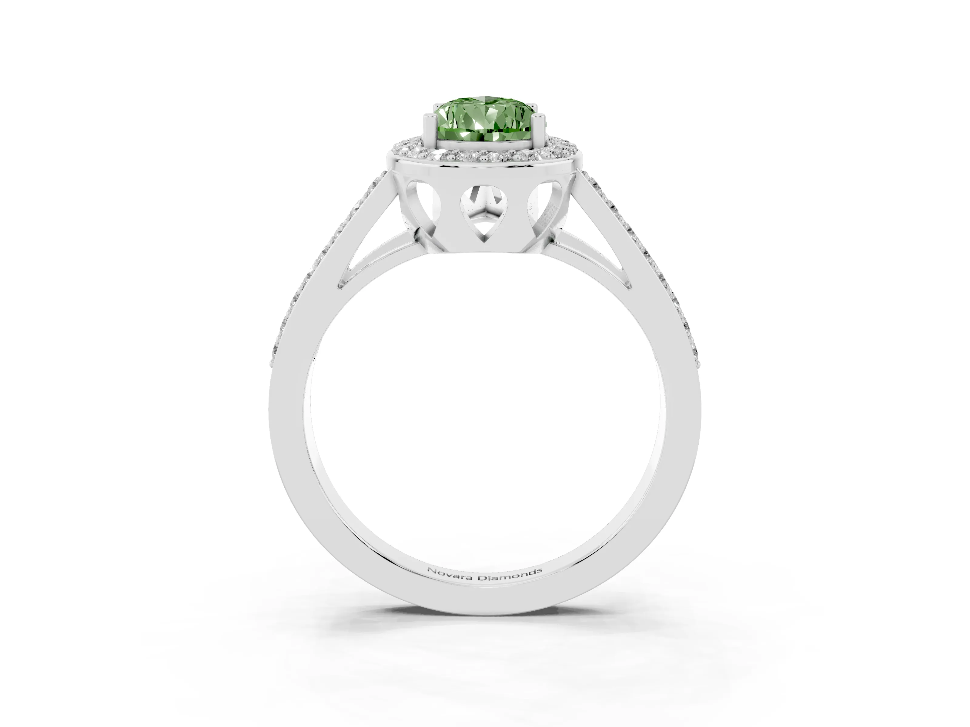 Fancy Green Pear Cut Diamond Halo Ring Set in Platinum with U-Prong Split Shank and Prong Setting