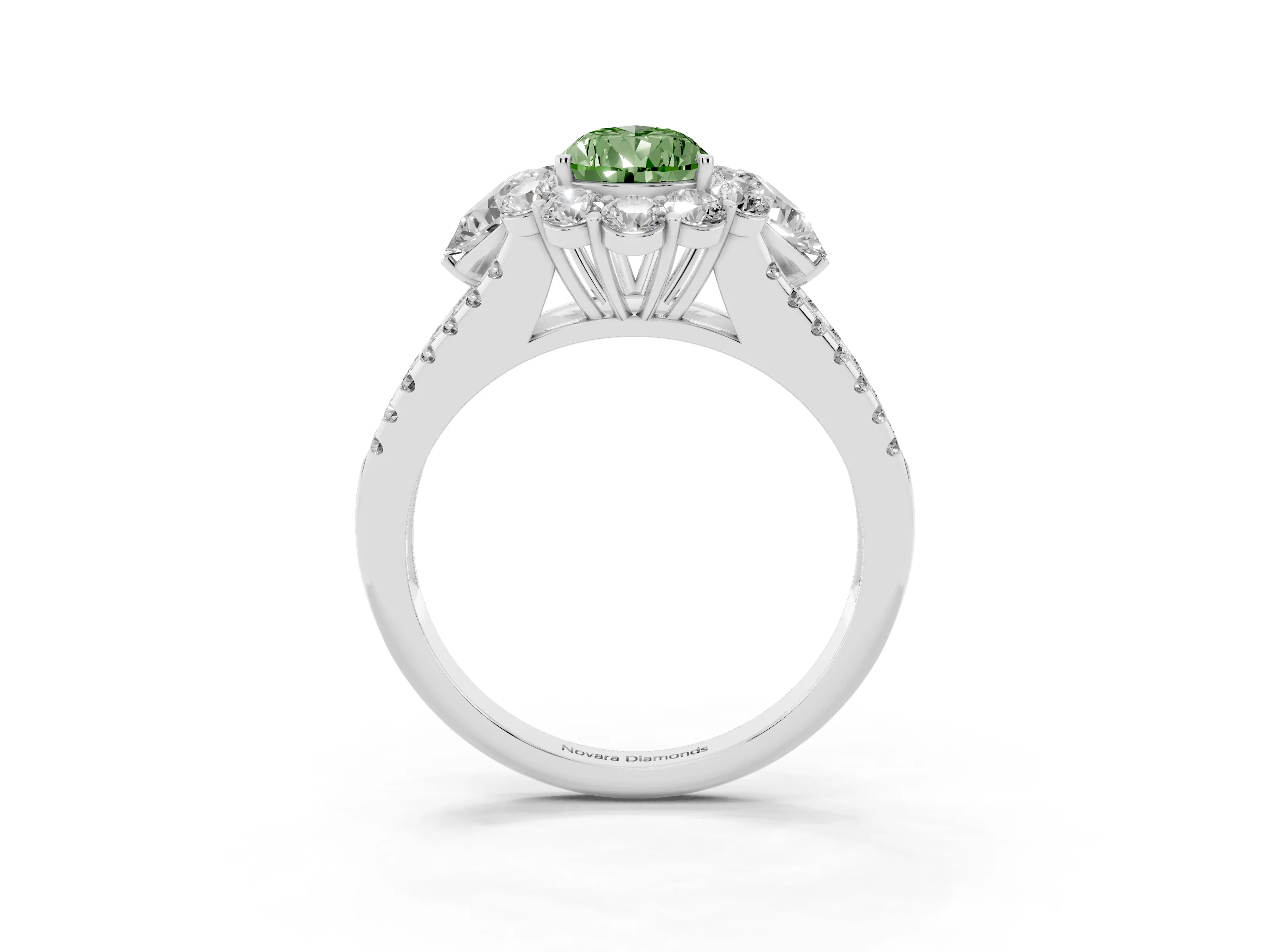 Fancy Green Pear Cut Diamond Halo Split Shank Engagement Ring Set in Platinum with Prong-Held Center Stone