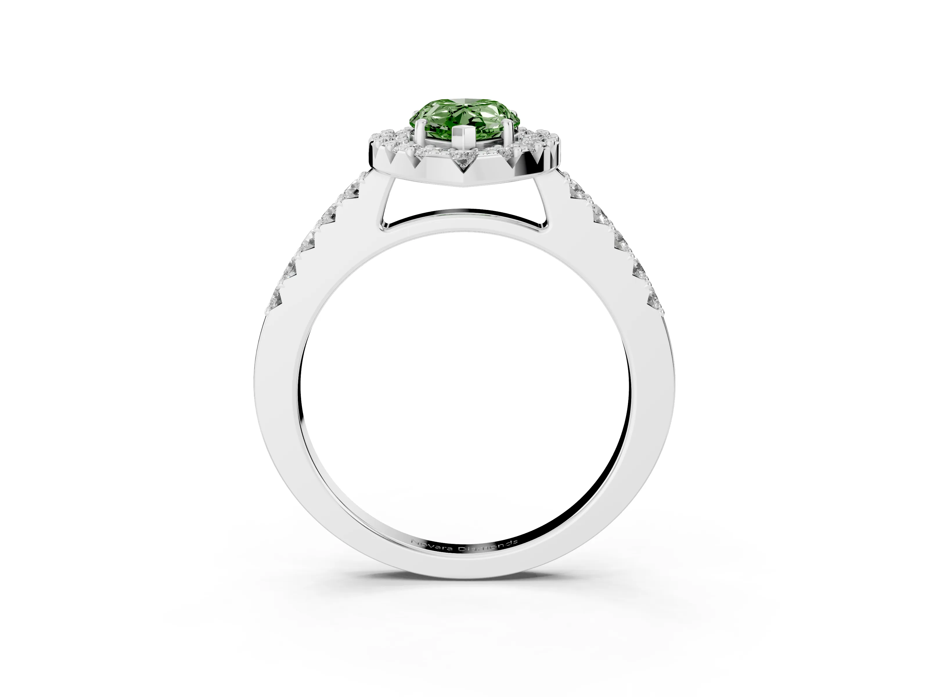 Fancy Green Pear Cut Diamond Halo Pavé Solitaire Ring Set in White gold with Prong-Set Center Stone