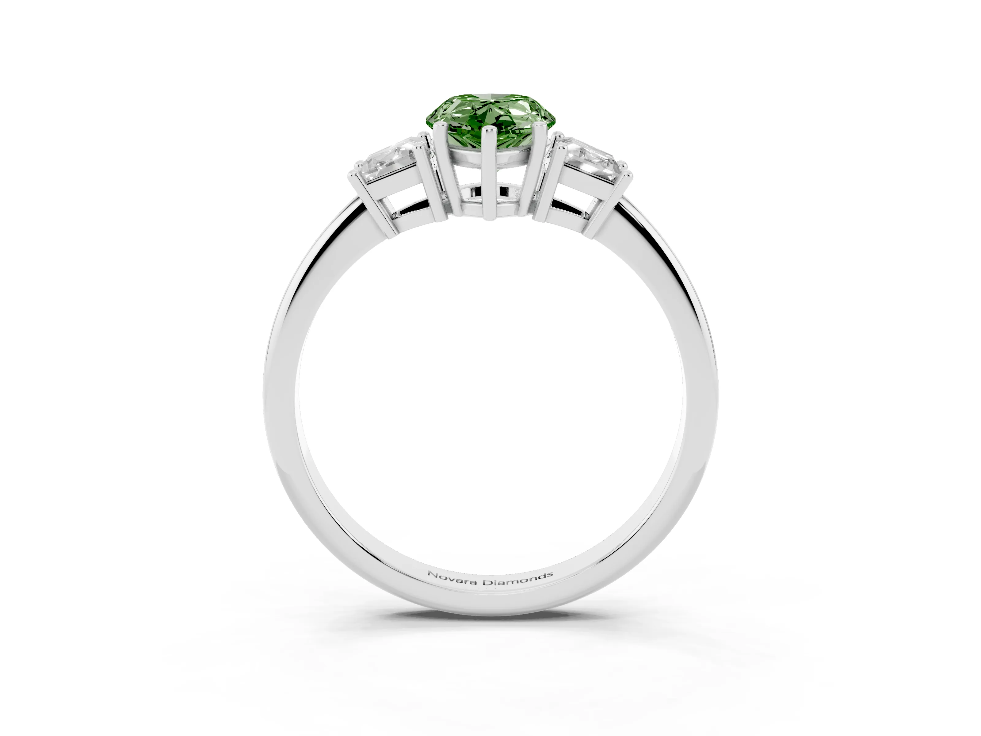 Fancy Green Pear Cut Diamond Three-Stone Ring Set in White gold with Trapezoid Side Stones and Prong Setting