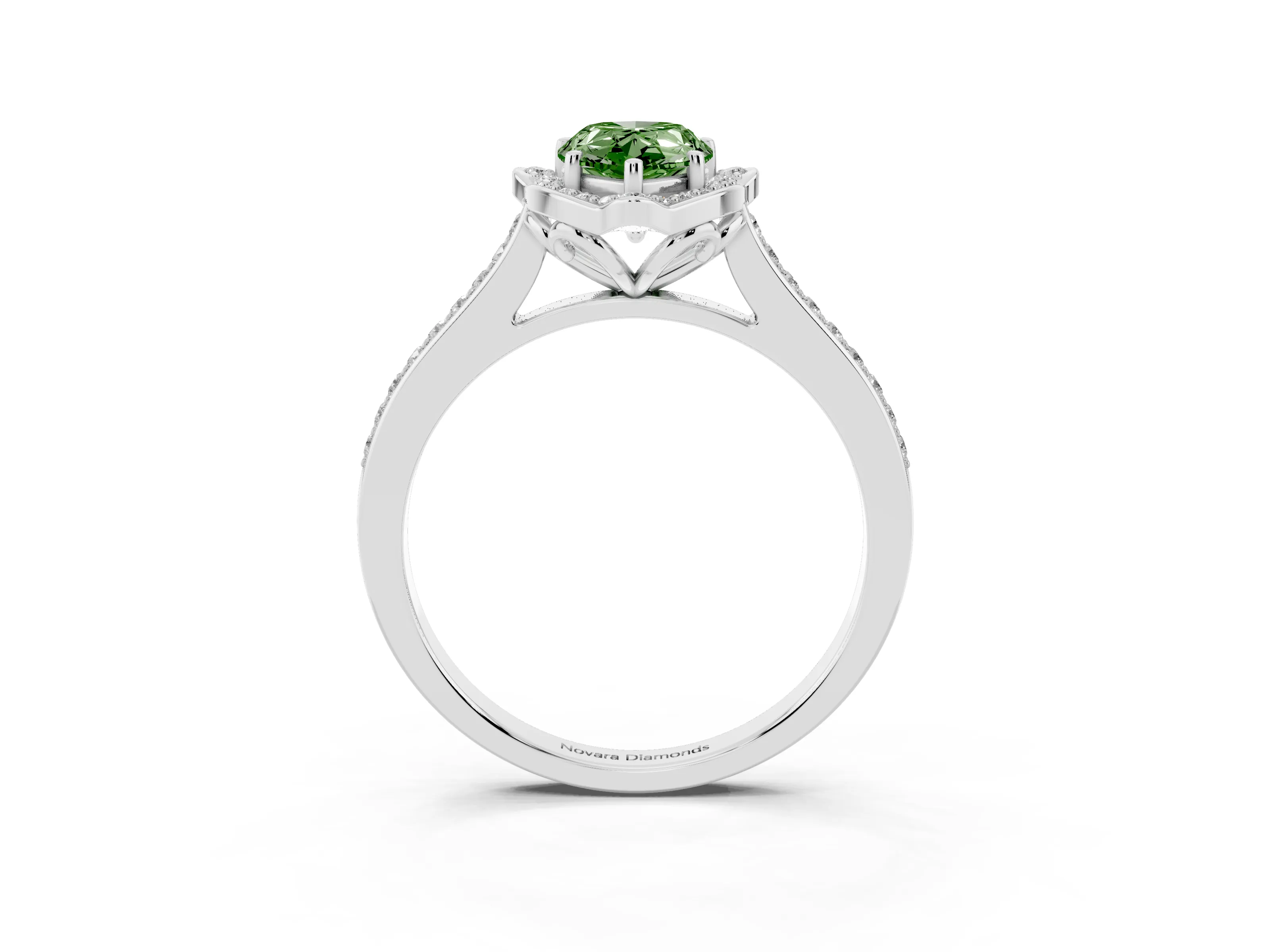 Fancy Green Pear Cut Diamond Halo Ring Set in White gold with Pavé-Lined Shoulders and Prong Setting