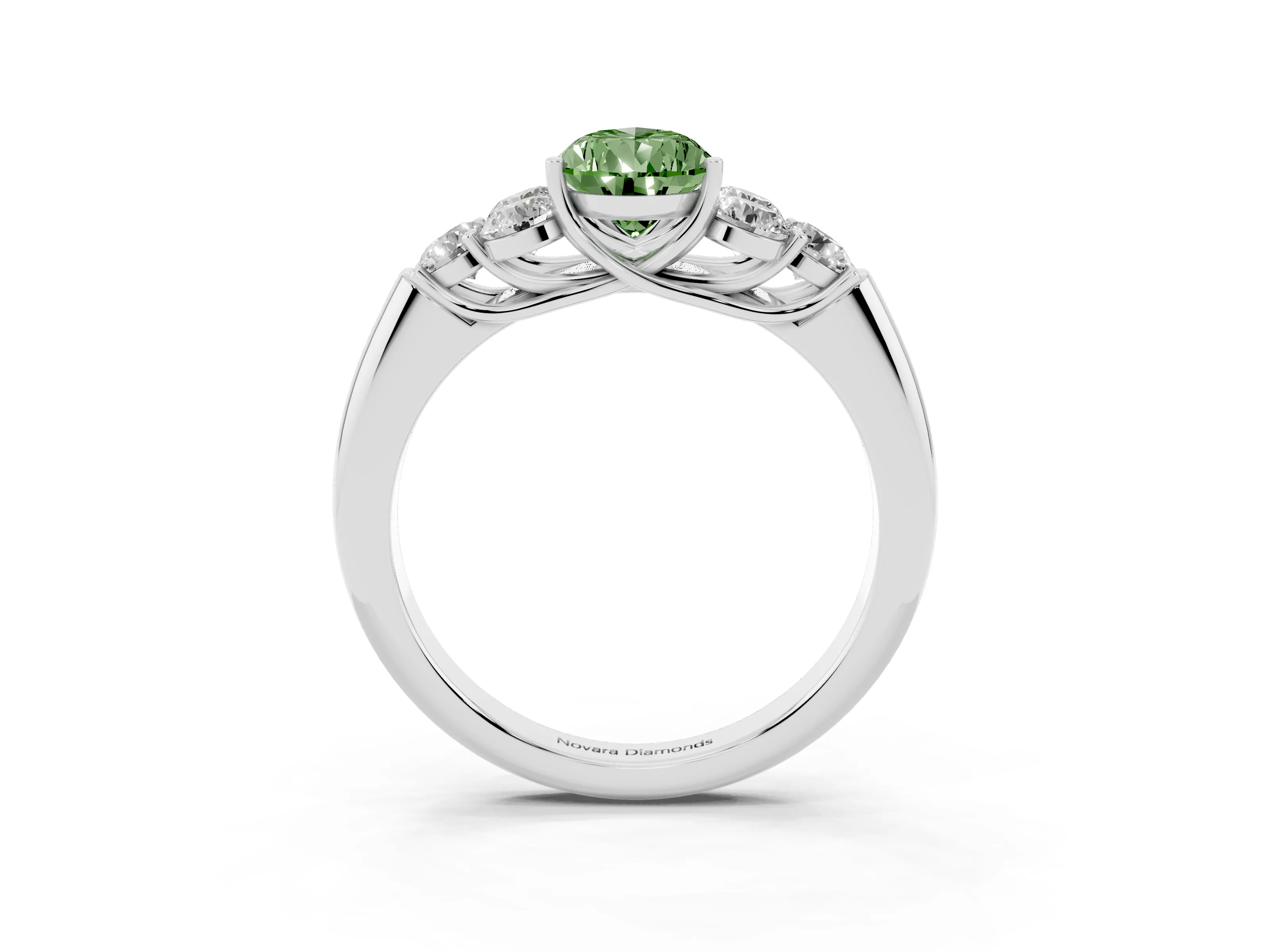 Fancy Green Pear Cut Diamond Cluster Ring Set in Silver with Round Accent Stones and Prong Setting on a Plain Band