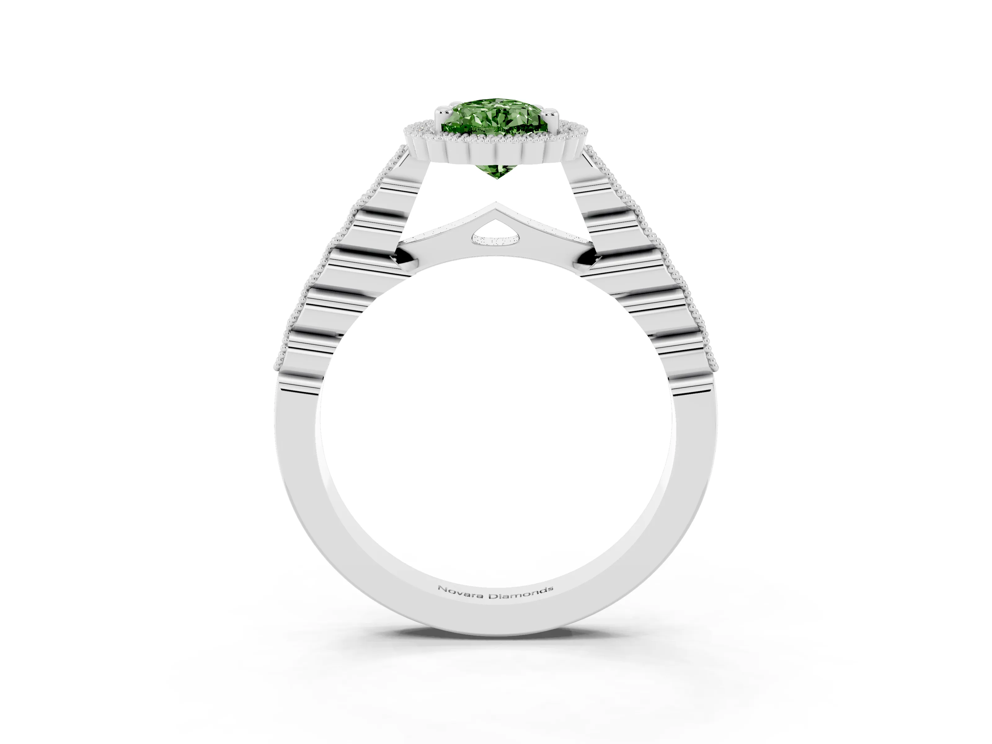 Fancy Green Pear Cut Diamond Halo Ring Set in Platinum with Pavé Milgrain Band