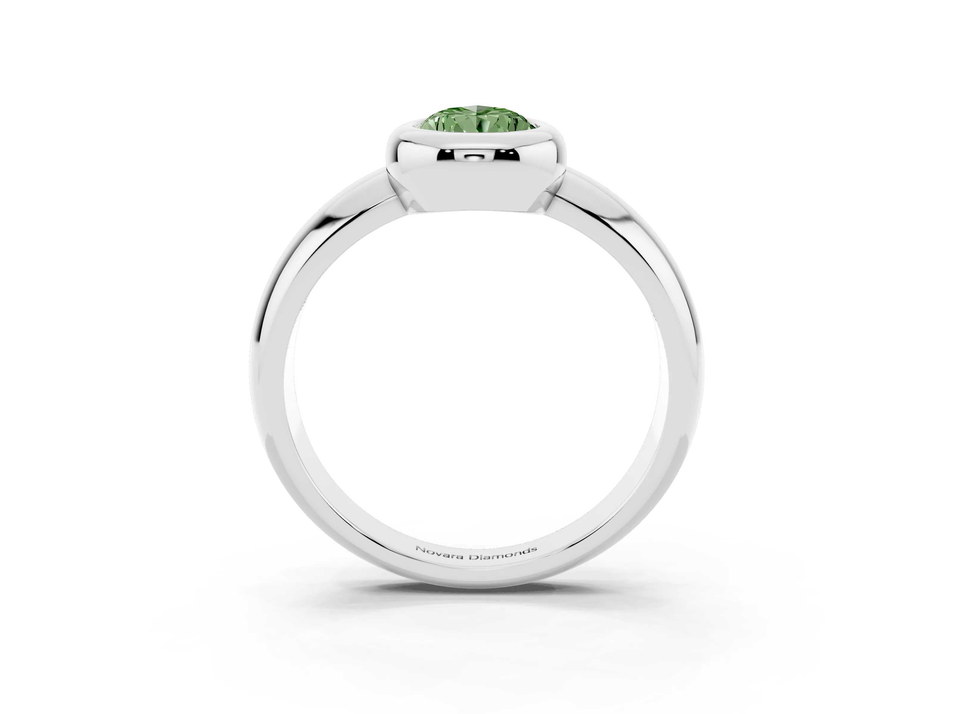 Fancy Green Bezel Set Pear Cut Diamond Solitaire Ring Set in White gold with Wide Band