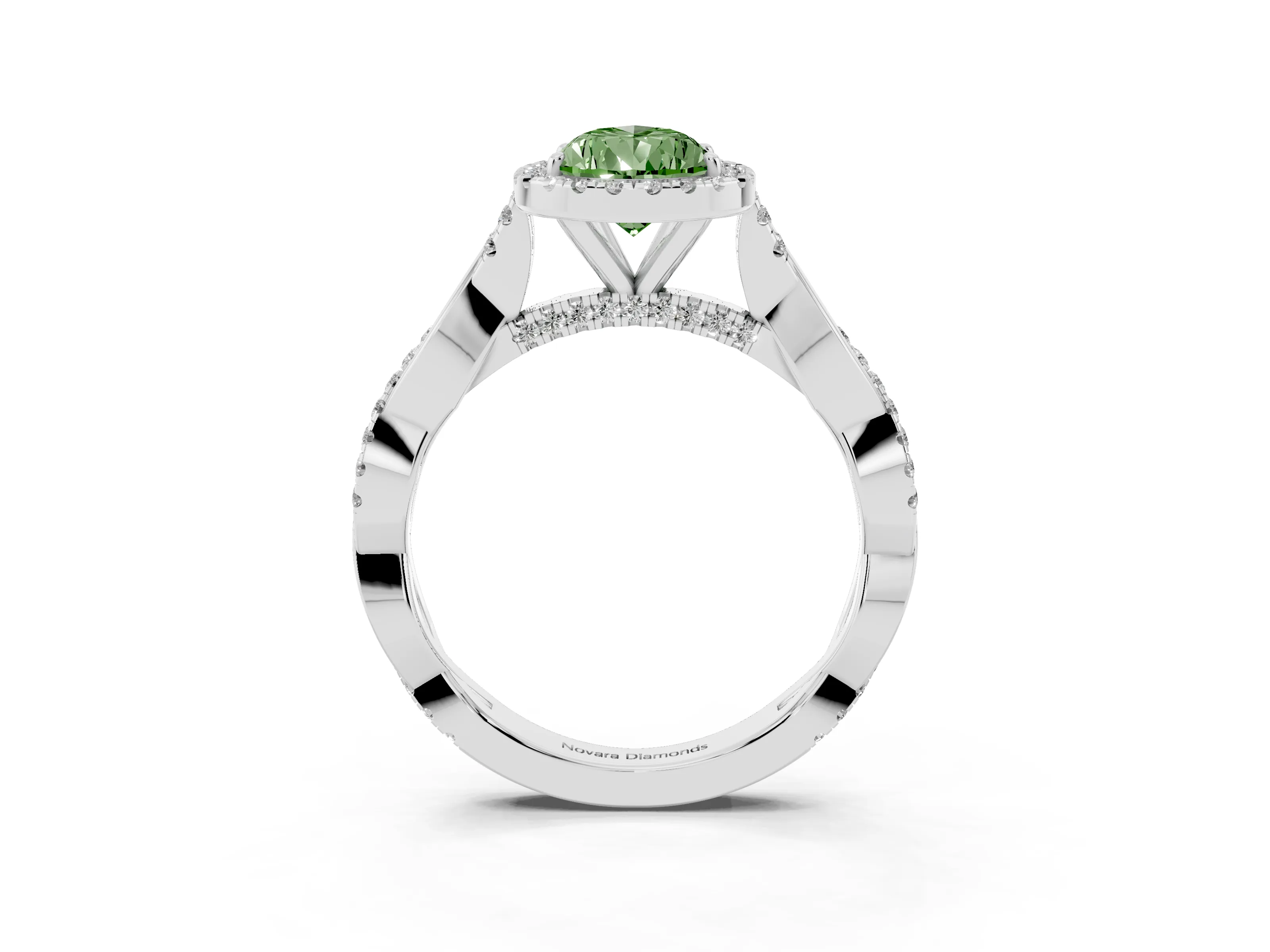 Fancy Green Pear Cut Diamond Halo Twist Band Solitaire Ring Set in White gold with Prong Setting