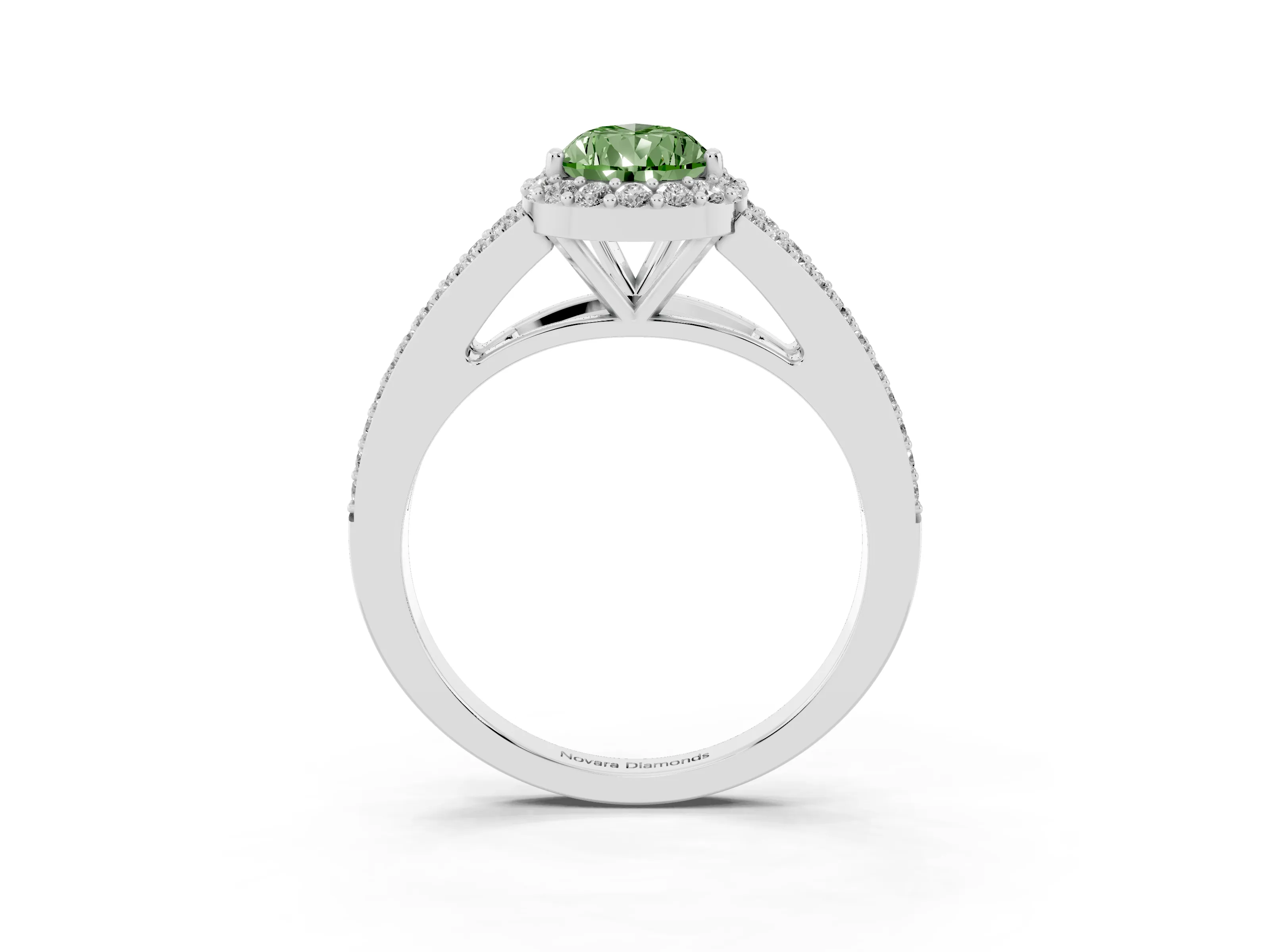 Fancy Green Pear Cut Diamond Halo Split Shank Pavé Ring Set in Silver with Prong Setting